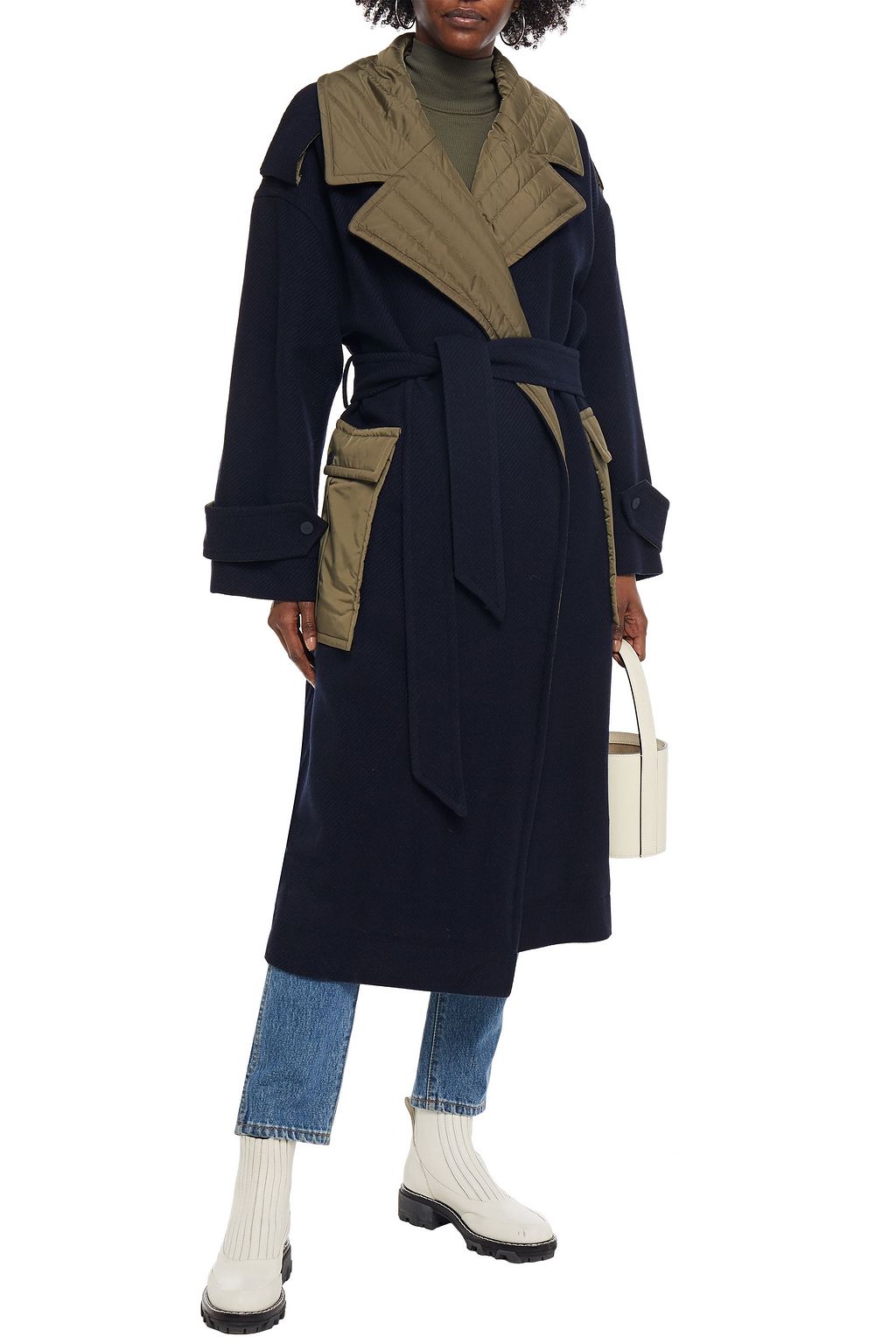 GANNI Shell-paneled belted wool-blend twill coat