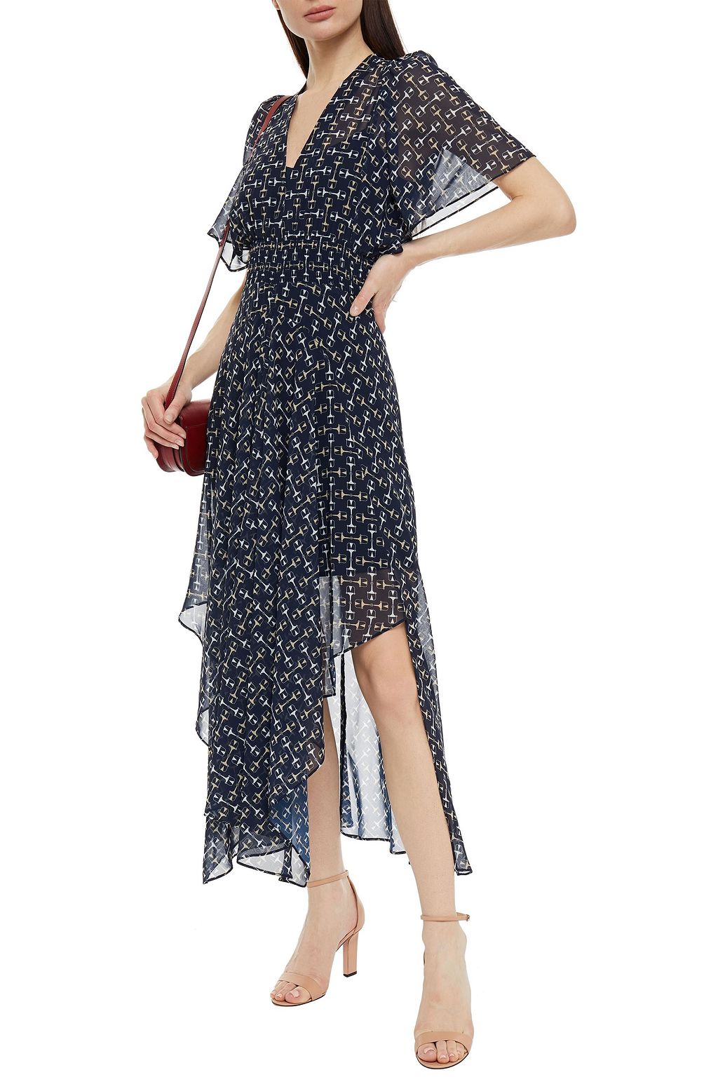 MAJE Shirred printed georgette maxi dress