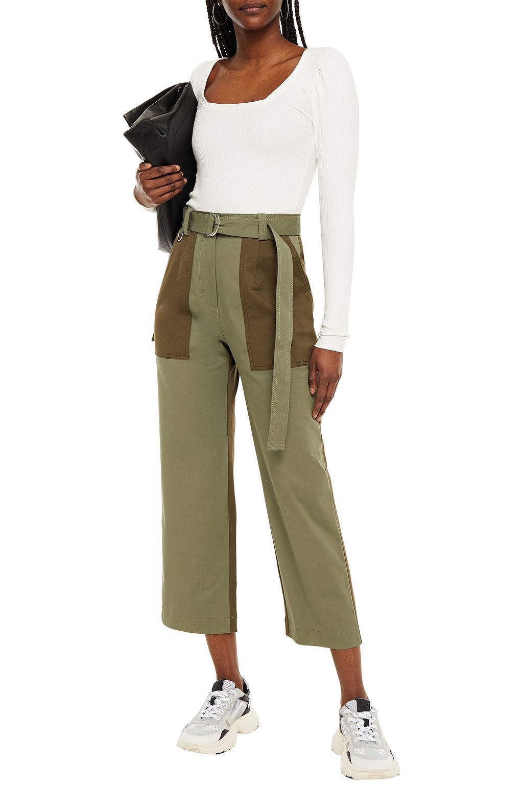 MSGM Cropped two-tone cotton-blend twill straight-leg pants