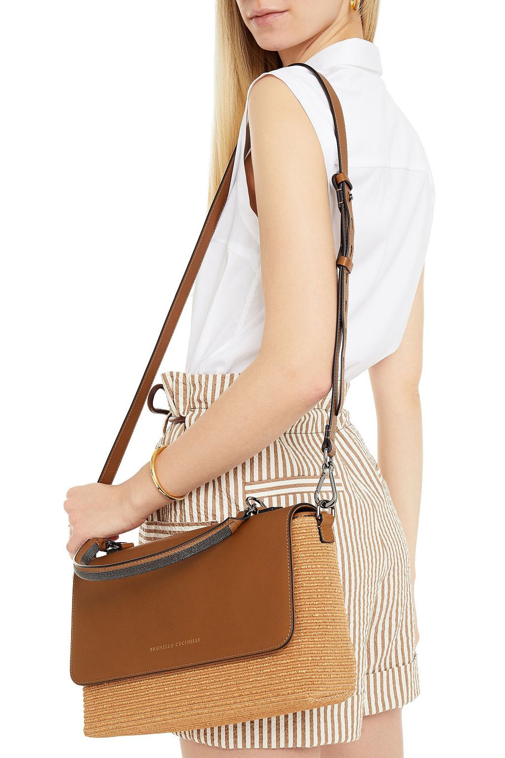 BRUNELLO CUCINELLI Leather and faux raffia tote