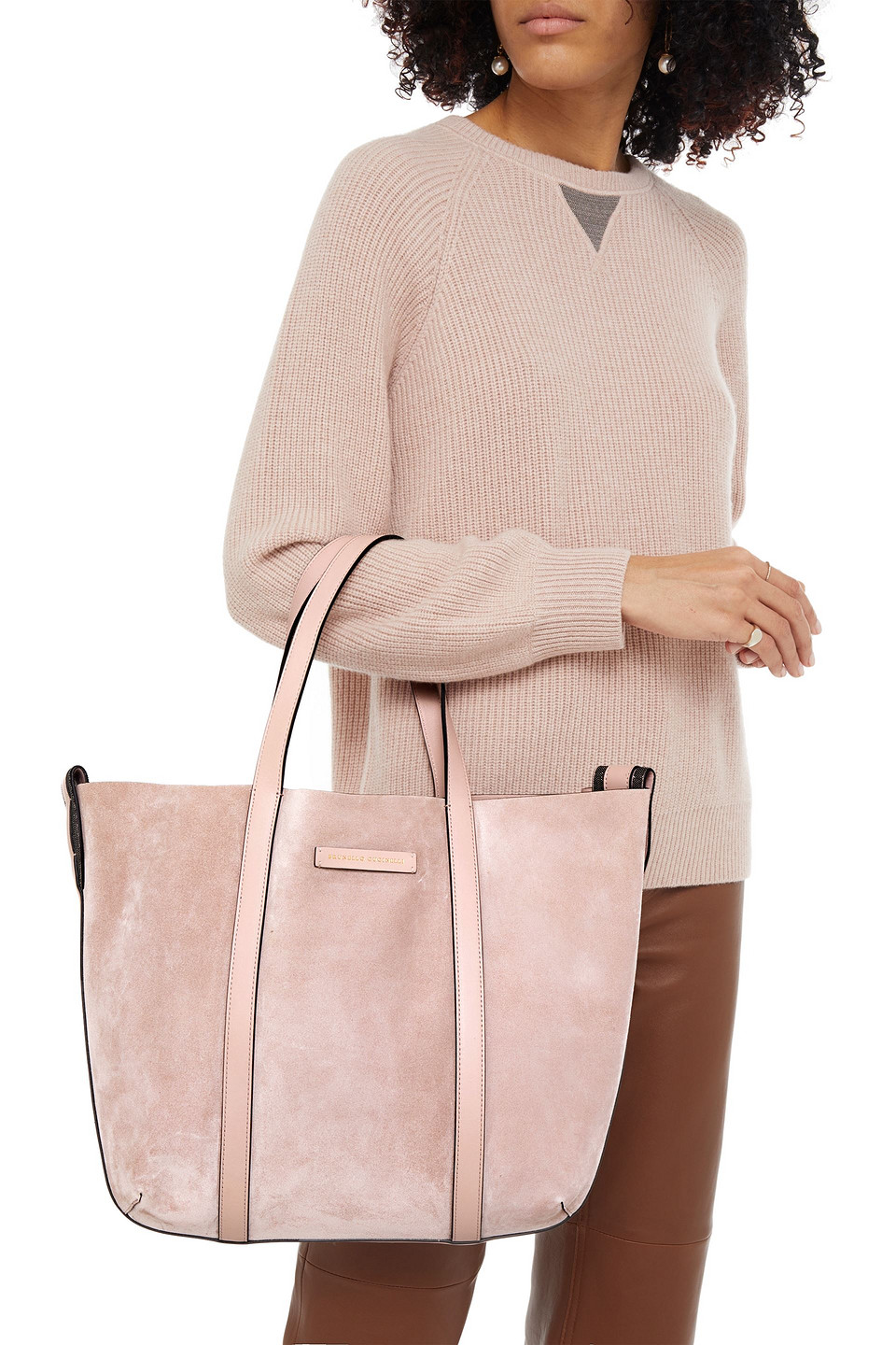 Brunello Cucinelli Bead-embellished Leather-trimmed Suede Tote In Blush