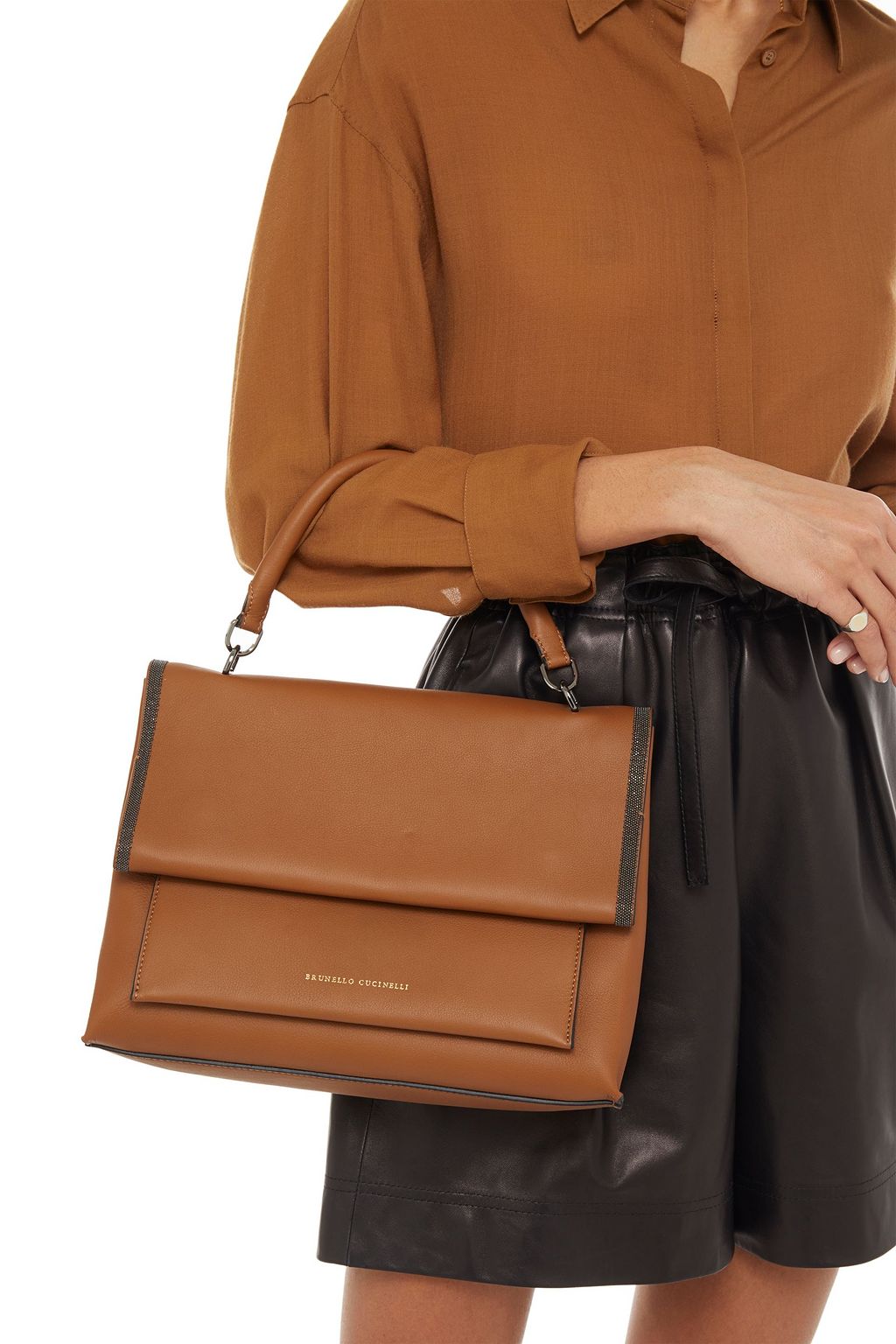 BRUNELLO CUCINELLI Bead-embellished leather shoulder tote
