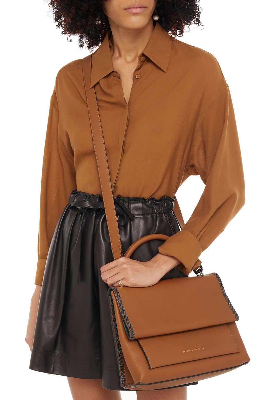 BRUNELLO CUCINELLI Bead-embellished leather shoulder tote