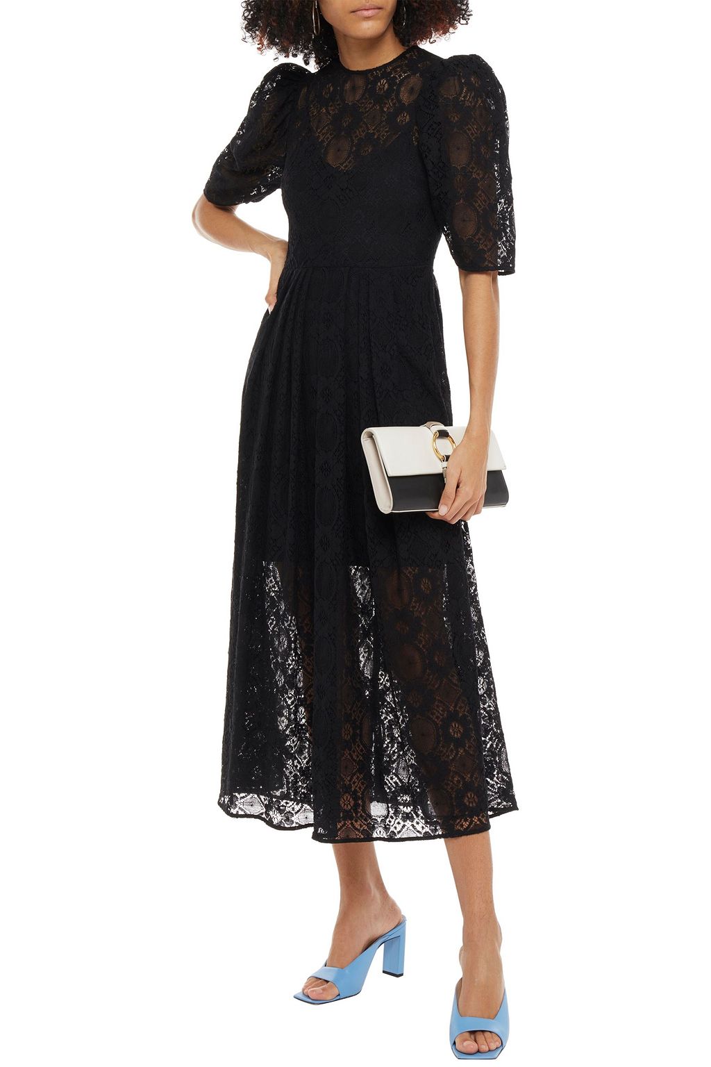 MSGM Pleated cotton-blend crocheted lace midi dress