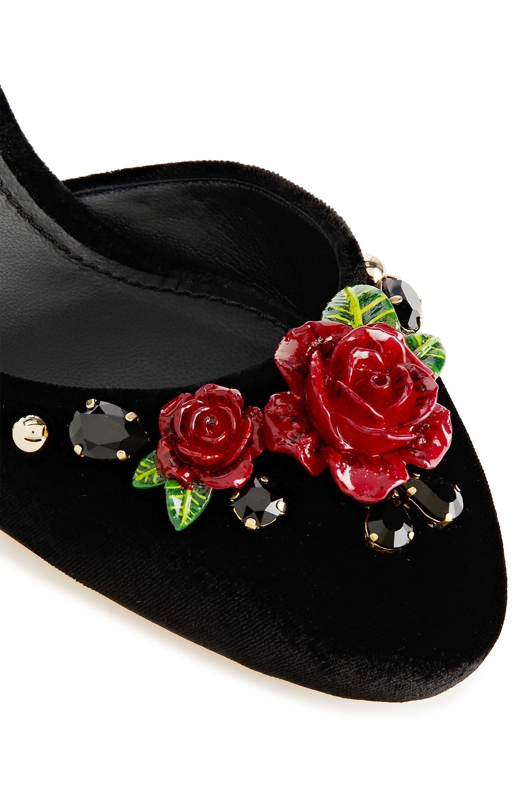 DOLCE&GABBANA Vally floral-appliquéd studded velvet Mary Jane pumps