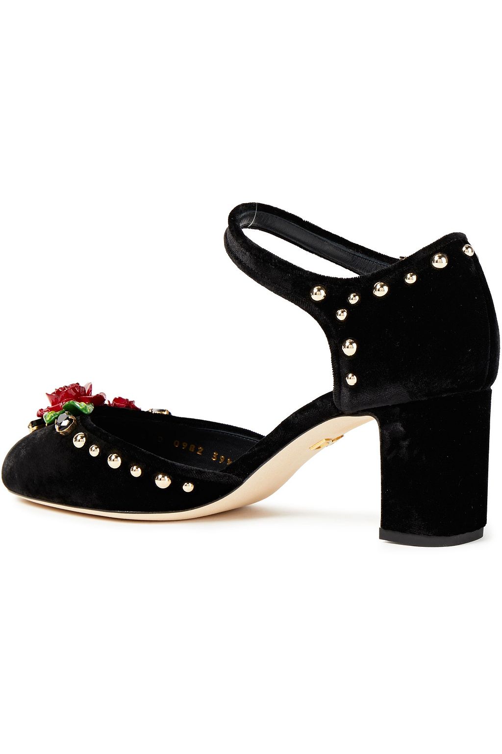DOLCE&GABBANA Vally floral-appliquéd studded velvet Mary Jane pumps