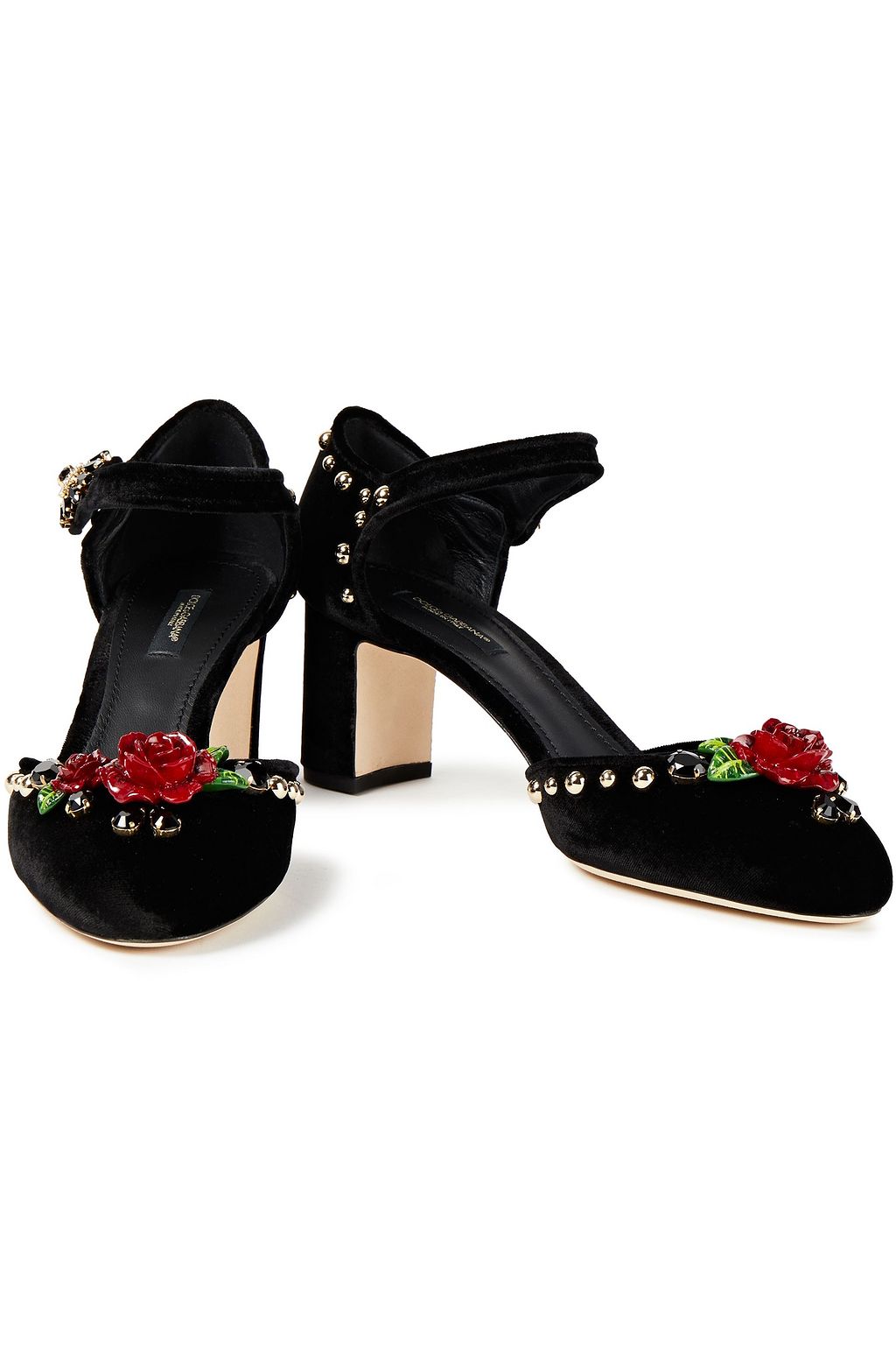 DOLCE&GABBANA Vally floral-appliquéd studded velvet Mary Jane pumps