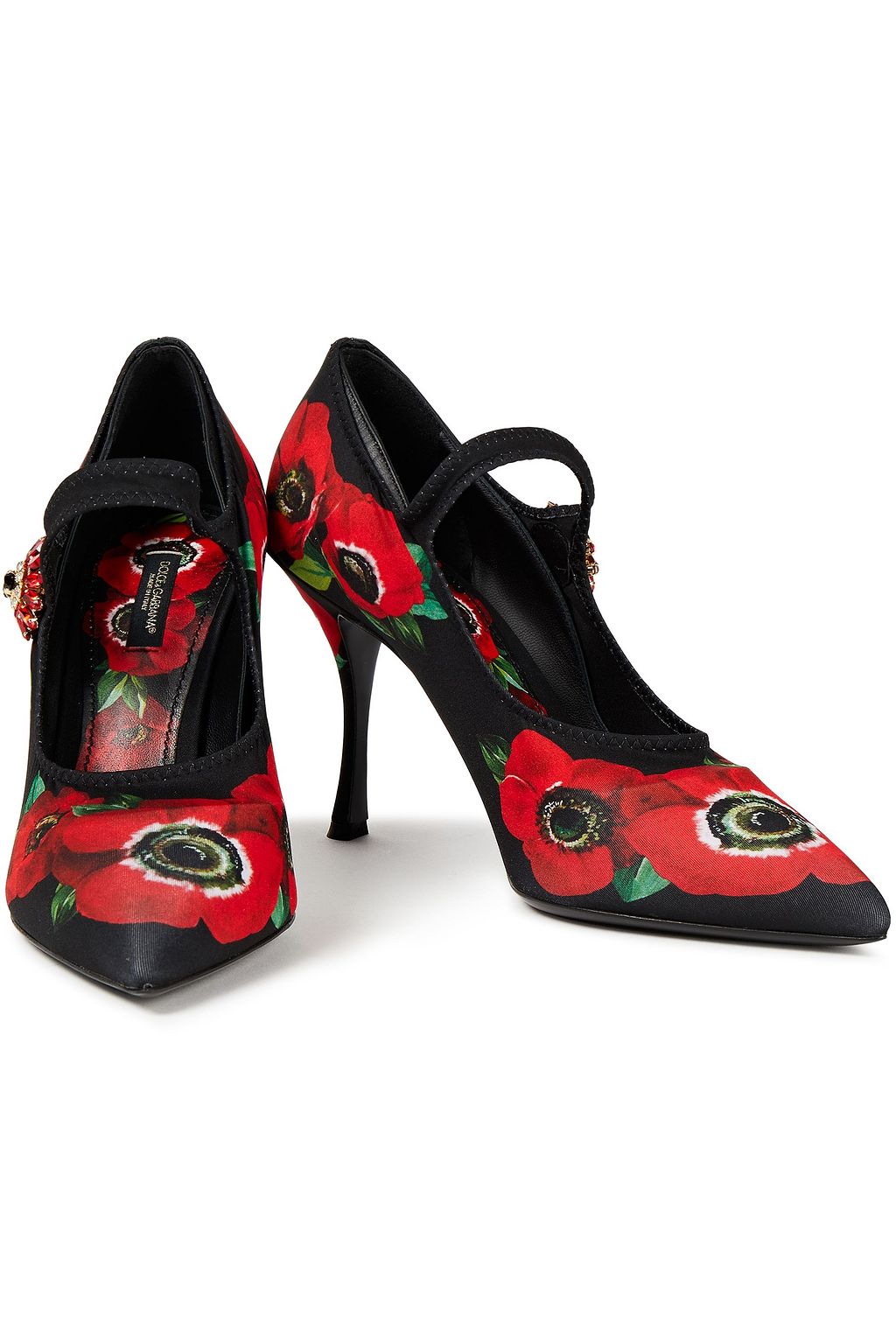 DOLCE&GABBANA Crystal-embellished floral-print stretch-jersey Mary Jane pumps