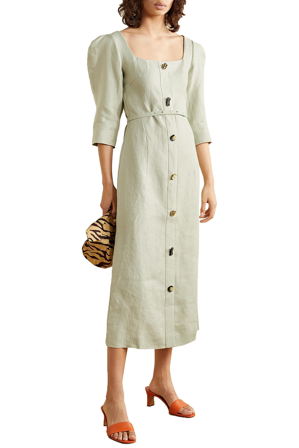 Rejina Pyo Leonie Button-embellished Linen Midi Dress In Sage Green