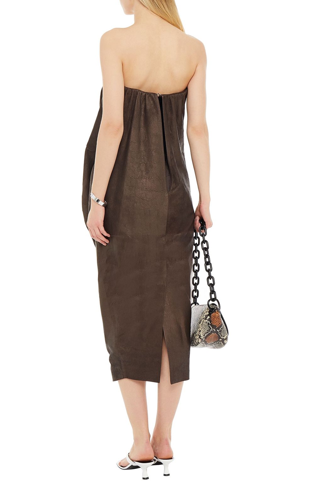 RICK OWENS Strapless draped metallic textured-leather midi dress
