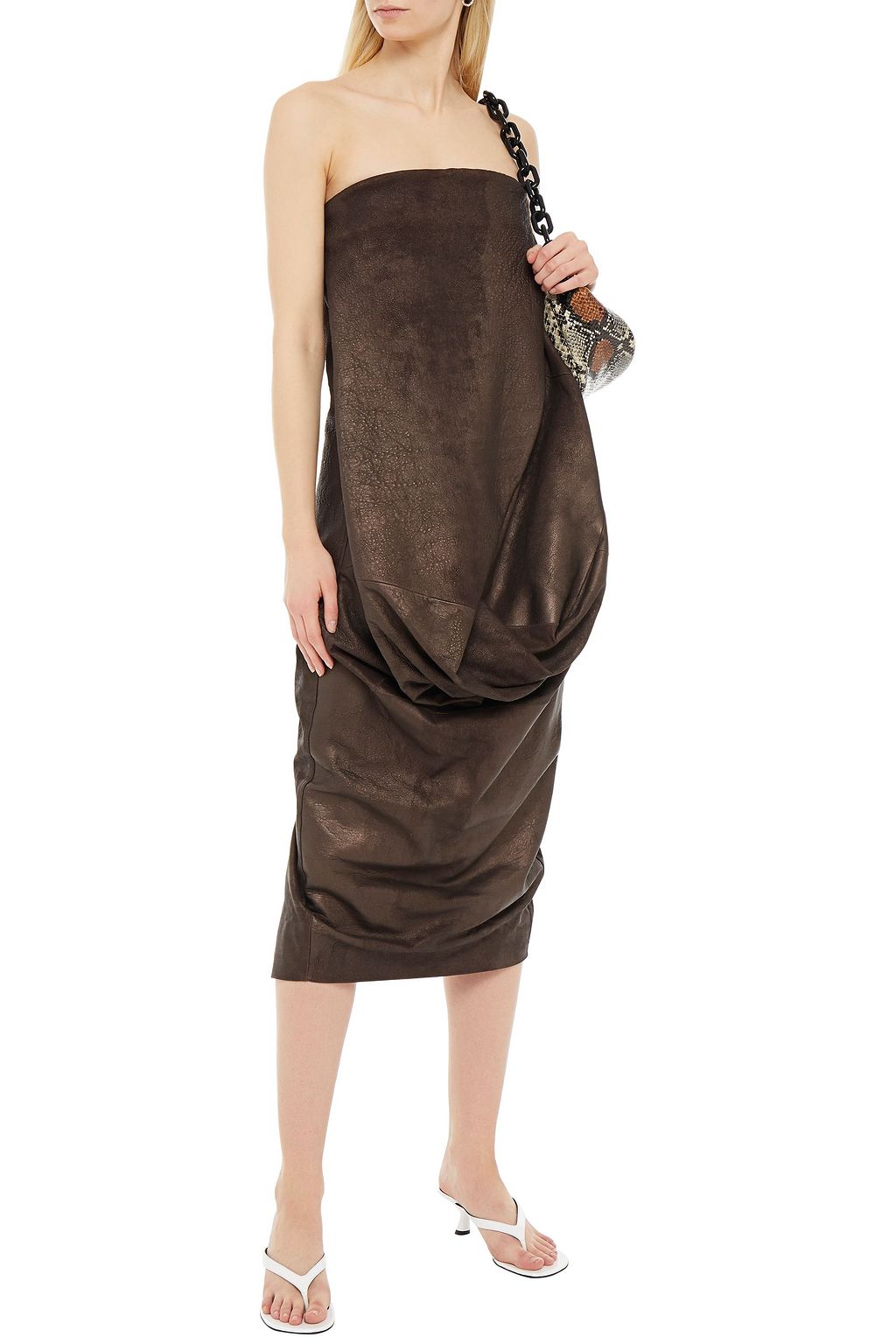 RICK OWENS Strapless draped metallic textured-leather midi dress