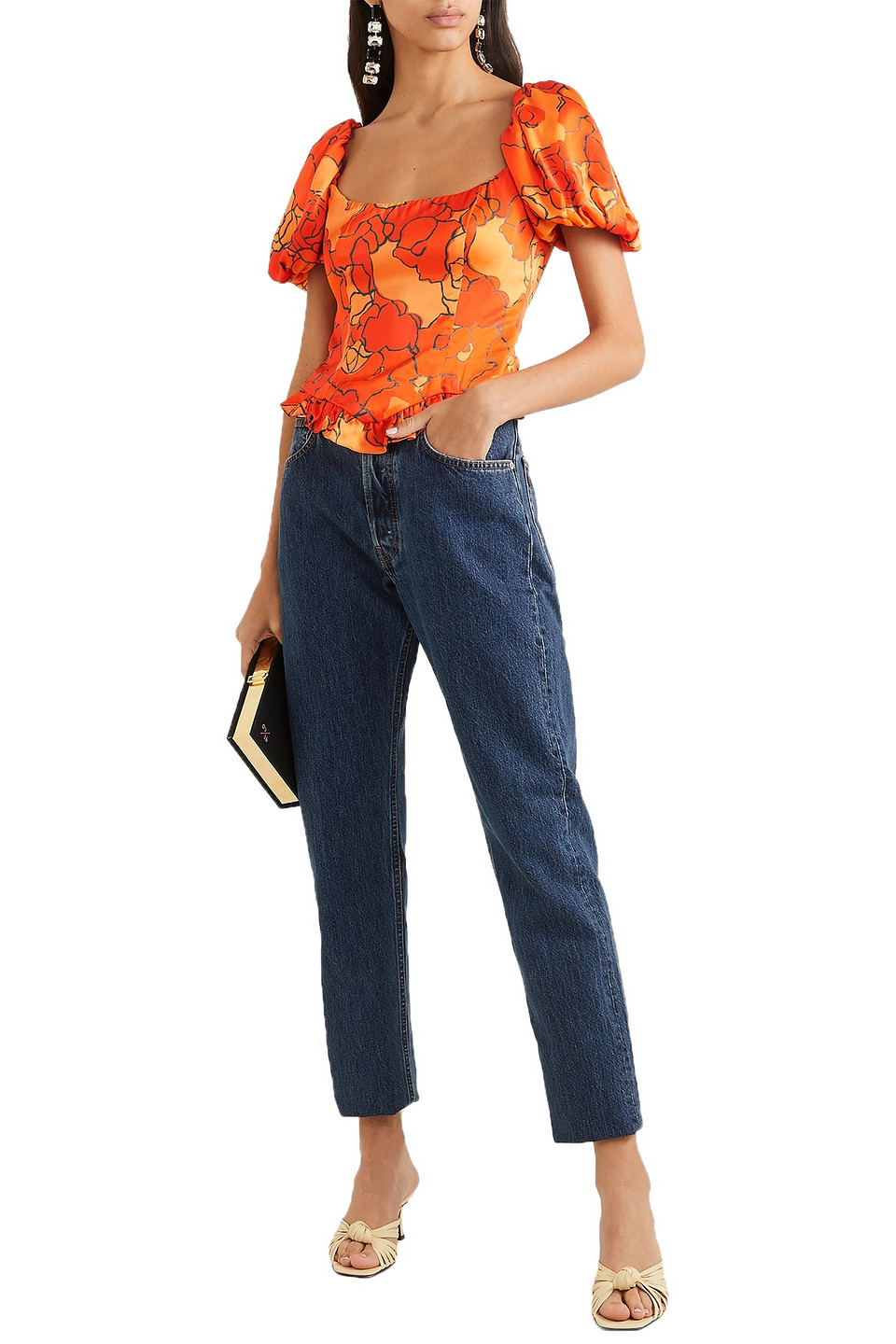 De La Vali Koko Ruffled Floral-print Satin Top In Orange
