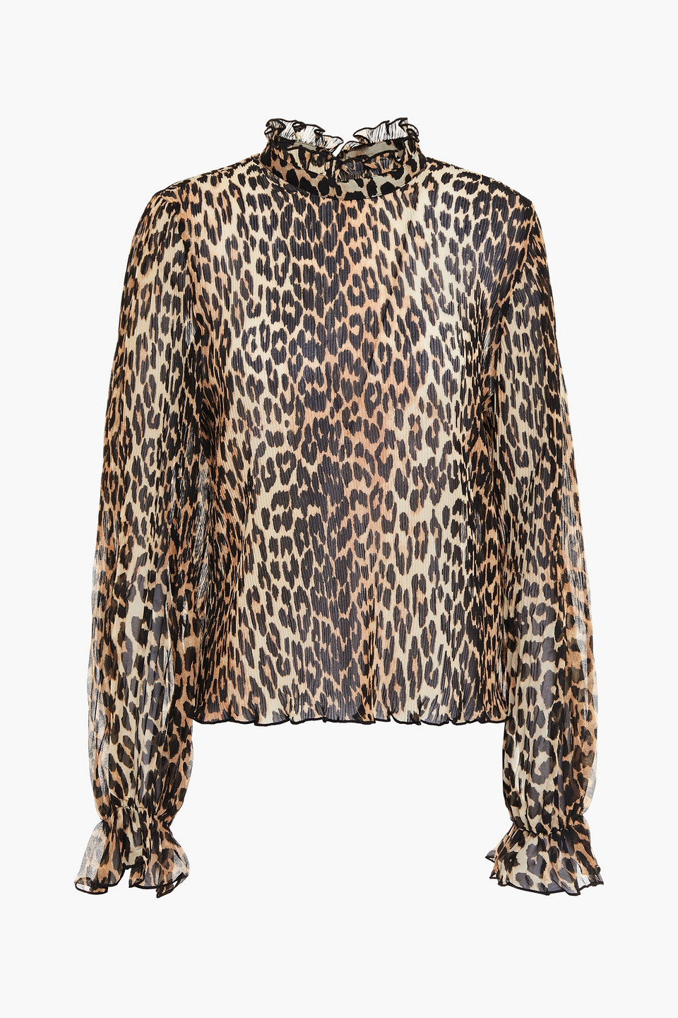 Ganni Woman Ruffled Leopard-print Plissé-georgette Blouse Animal Print Size 32