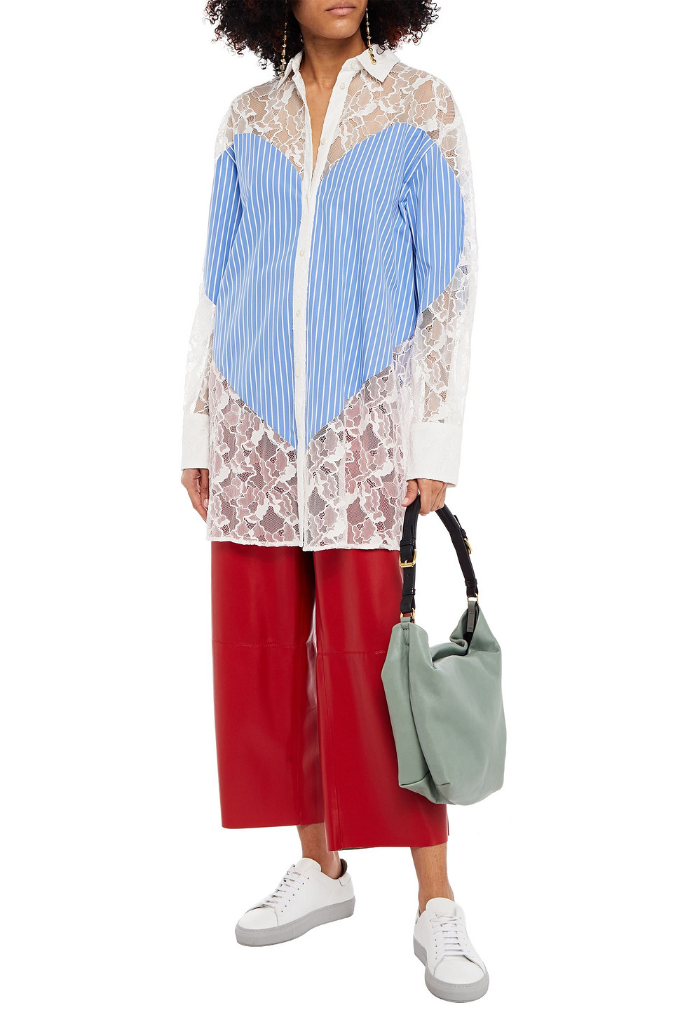 Msgm Paneled Pinstriped Poplin And Corded Lace Shirt