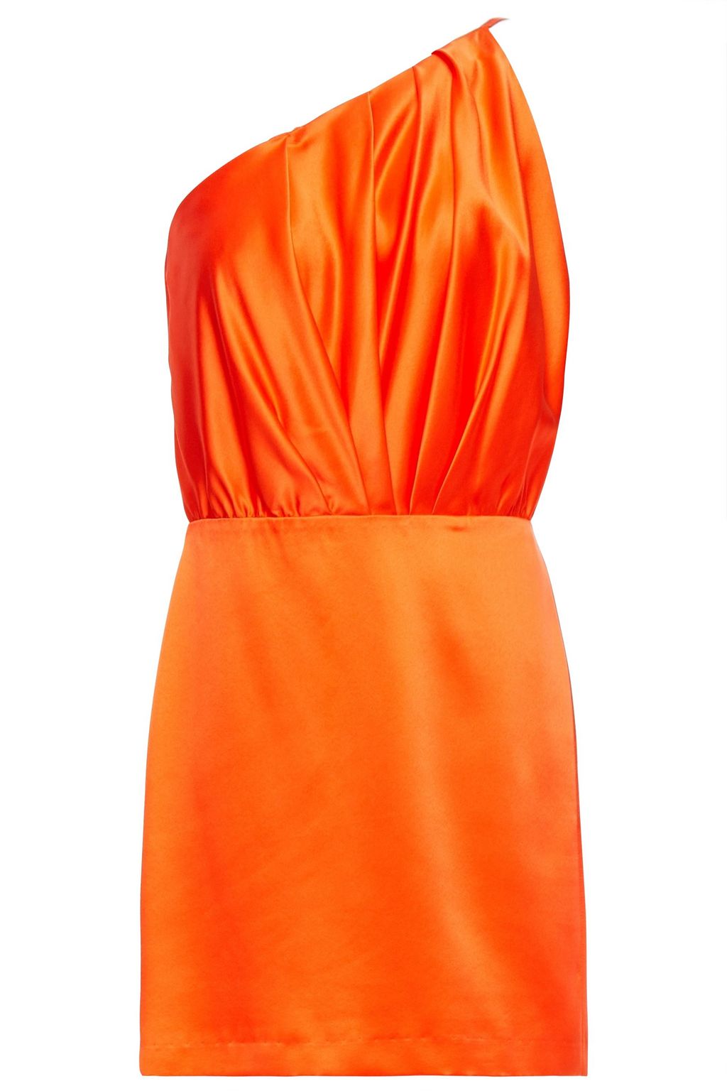 Bright orange One-shoulder pleated silk ...