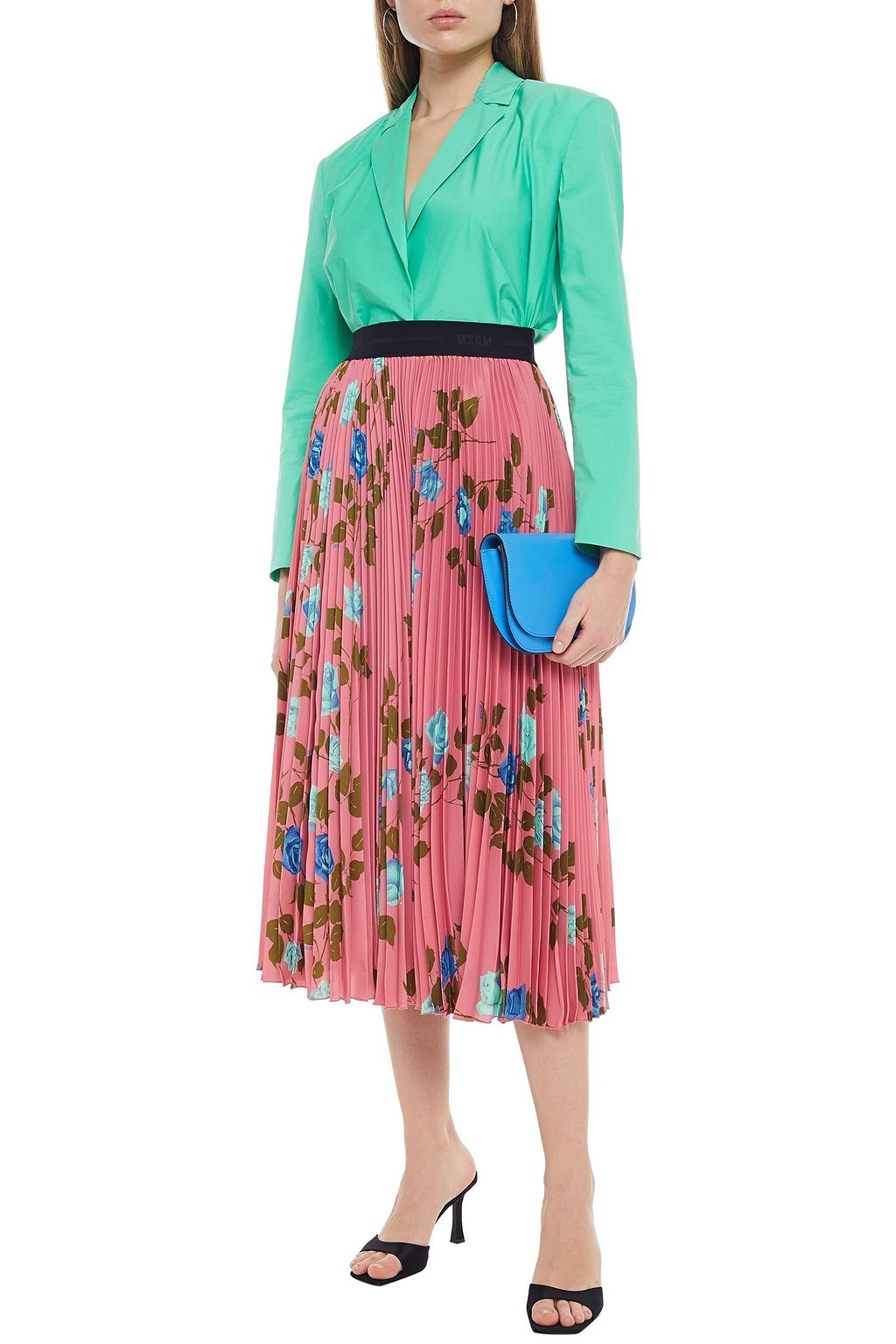 MSGM Pleated floral-print crepe de chine midi skirt