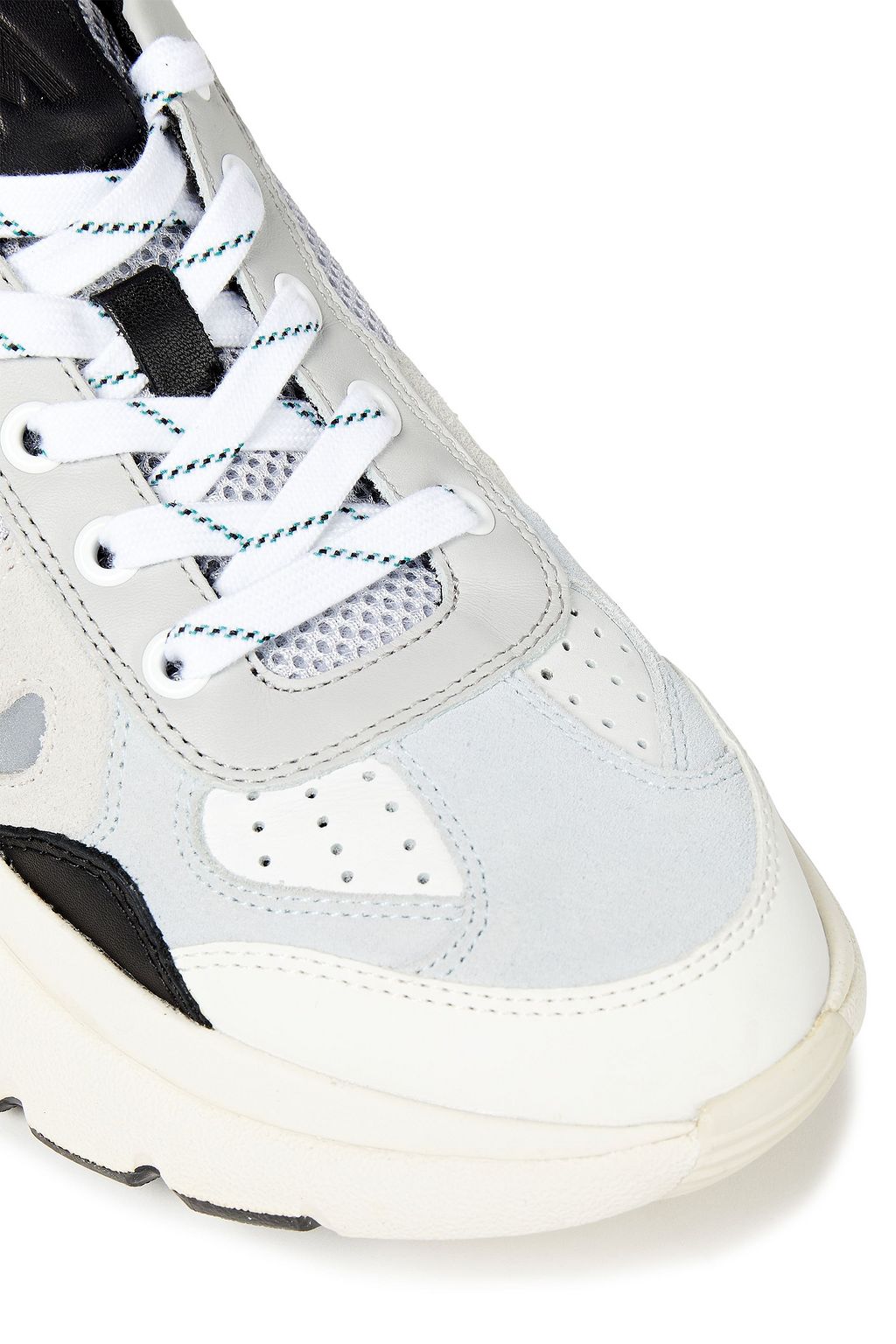 MAJE Paneled leather, mesh and suede sneakers