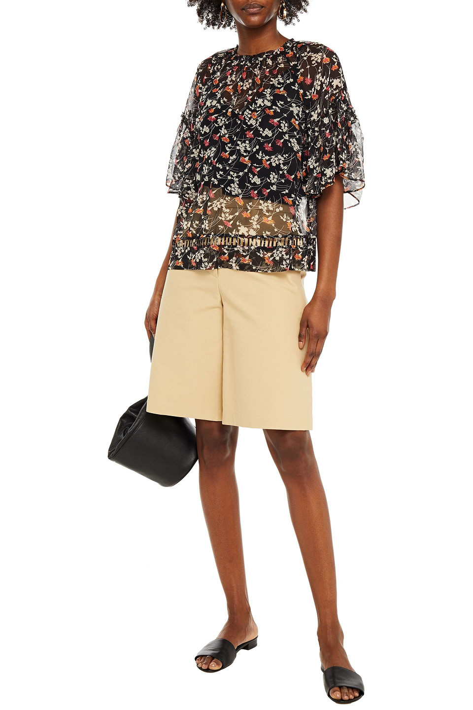 Joie Imani Lattice-trimmed Floral-print Silk-crepon Top In Black