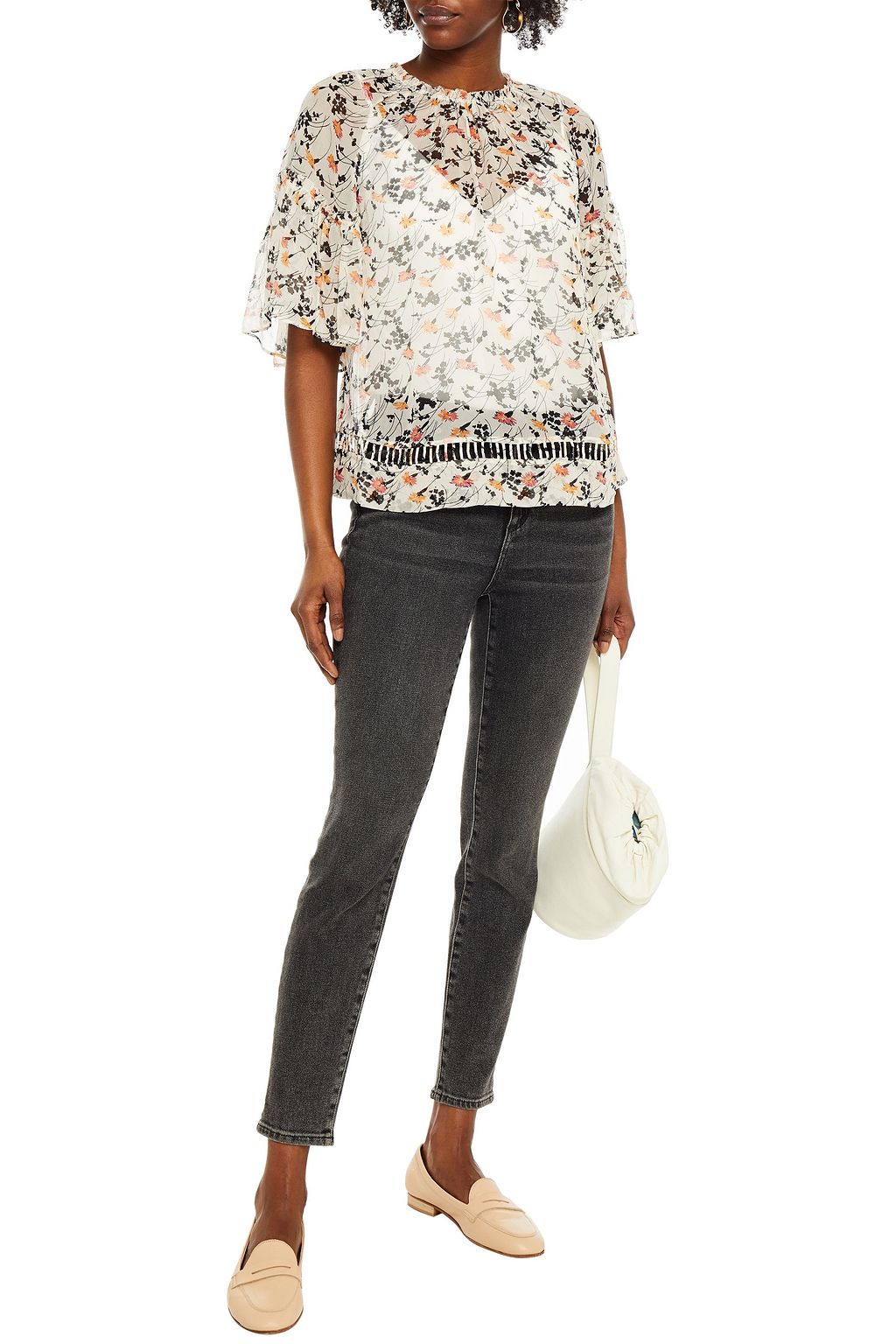 JOIE Imani lattice-trimmed floral-print silk-crepon top
