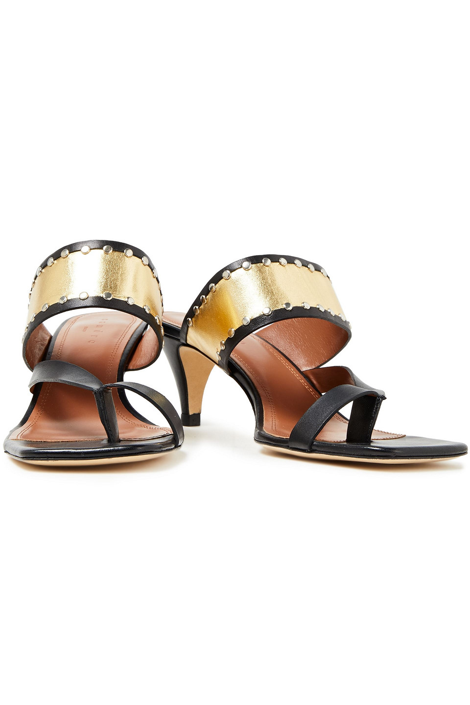 Sandro Aurora Studded Smooth And Metallic Leather Mules In Black