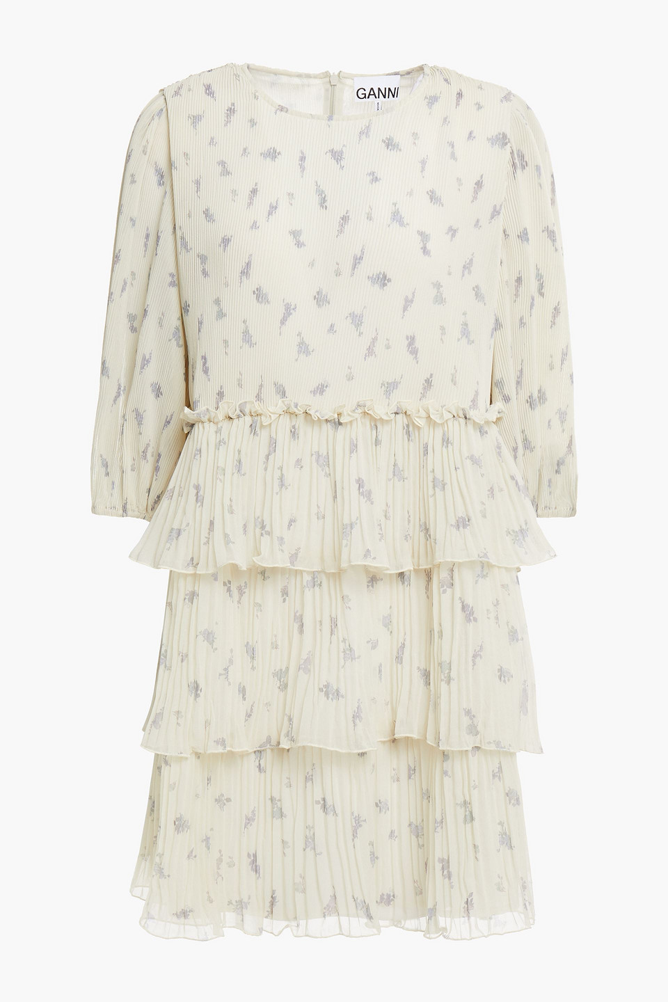 Ganni Woman Tiered Floral-print Plissé-georgette Mini Dress Ivory Size 40