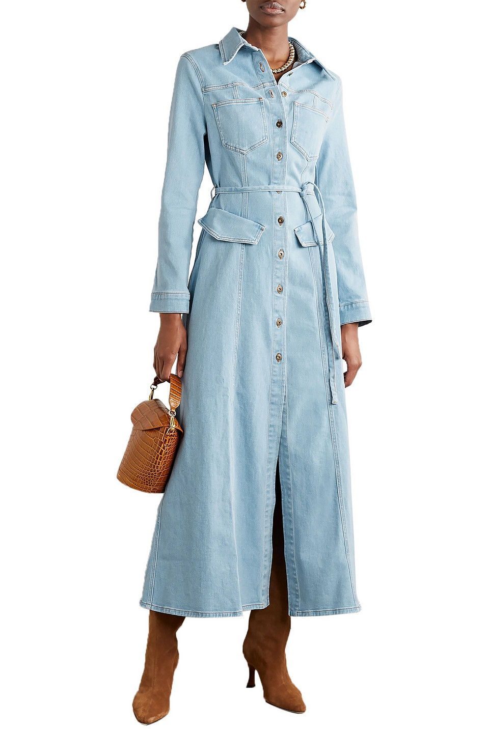 Nanushka Jiaye Belted Denim Maxi Dress In Light Denim