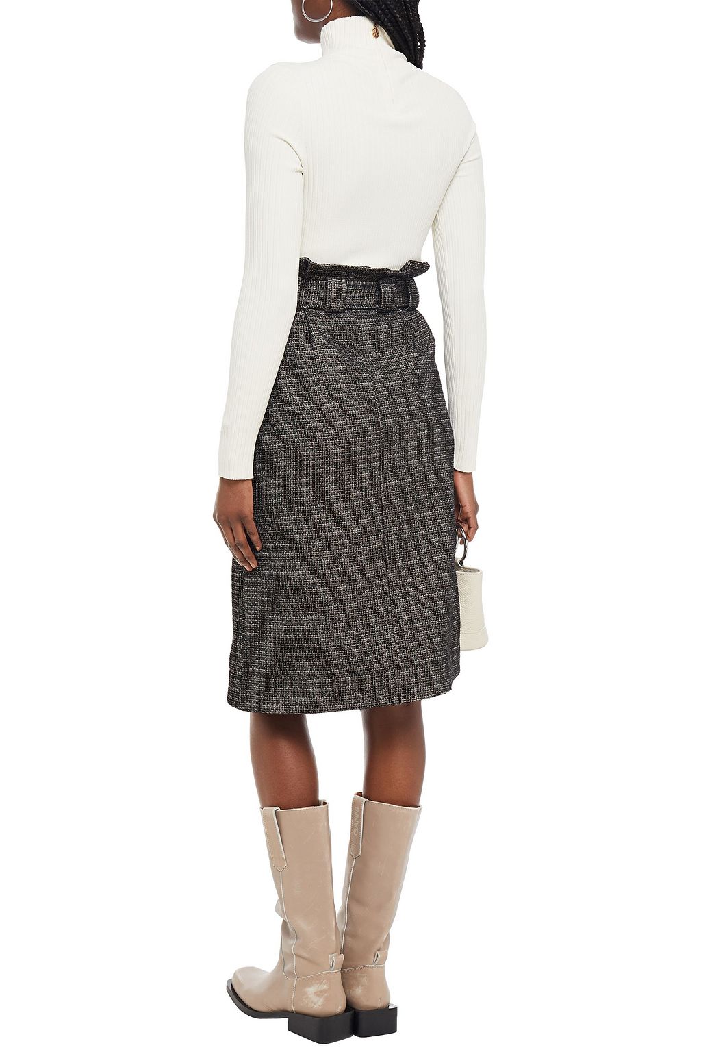 GANNI Wrap-effect belted metallic tweed skirt