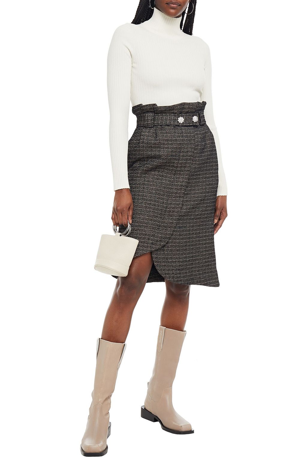 GANNI Wrap-effect belted metallic tweed skirt