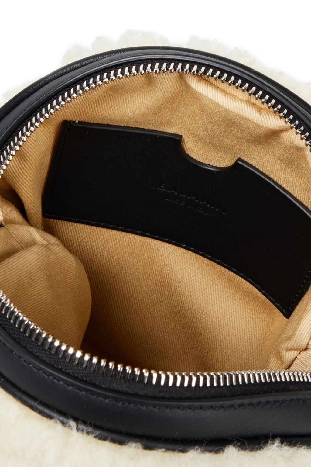 BALMAIN Disco leather-trimmed shearling shoulder bag