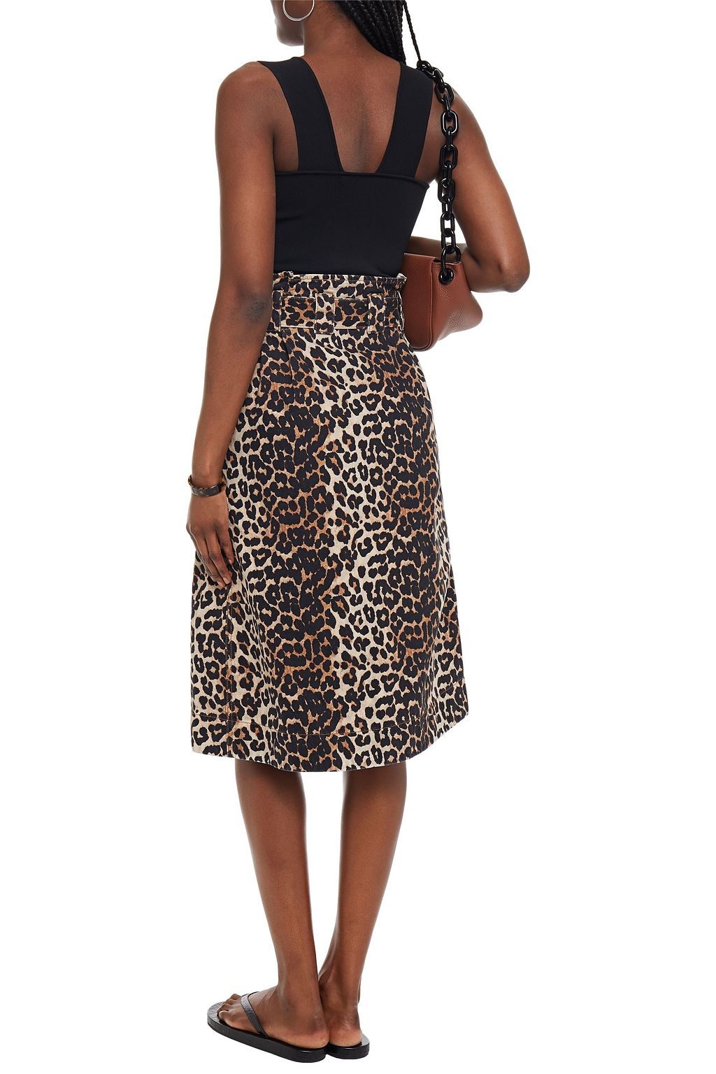 GANNI Asymmetric belted leopard-print denim wrap skirt
