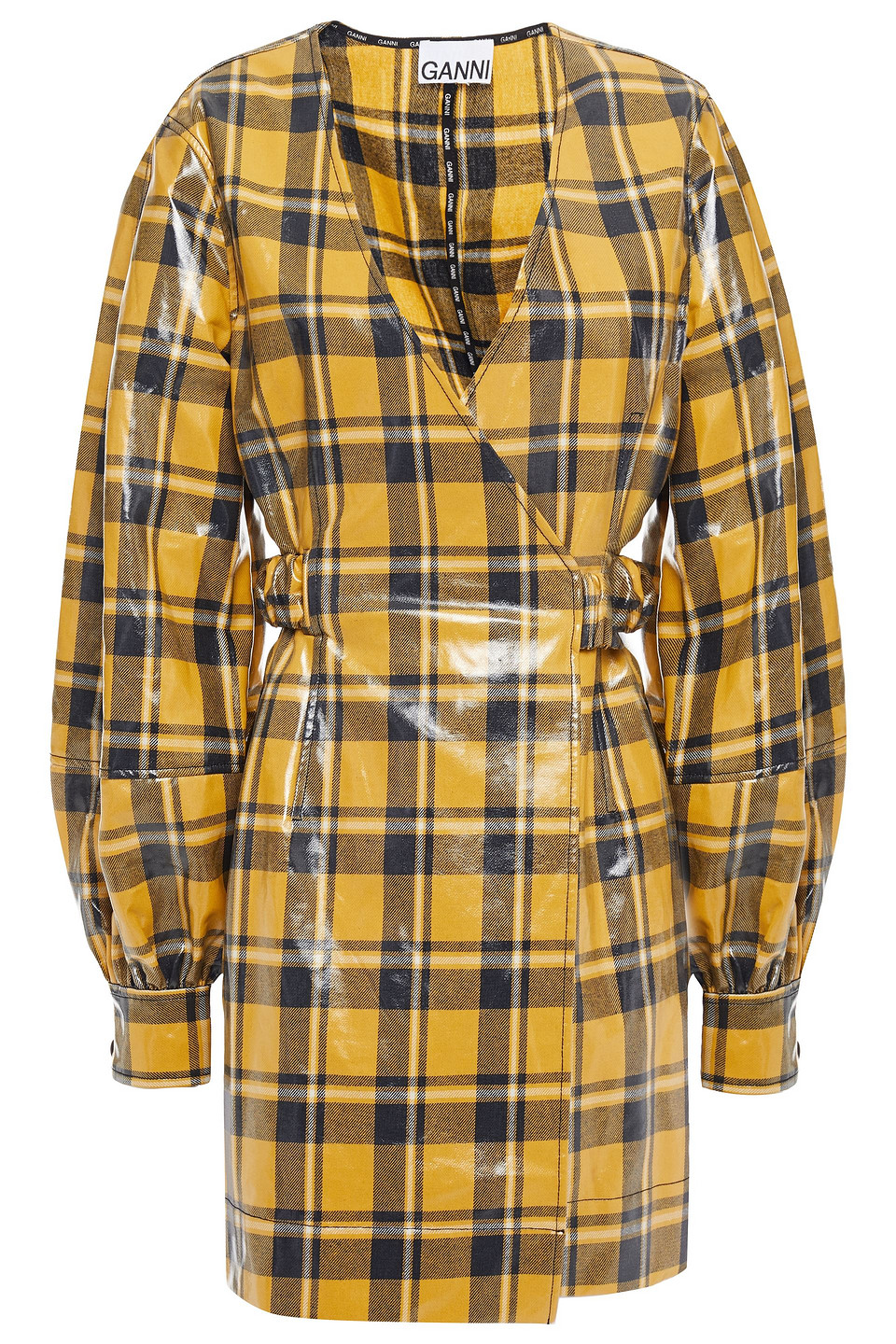 Ganni Woman Gathered Coated Checked Cotton Mini Wrap Dress Mustard Size 38