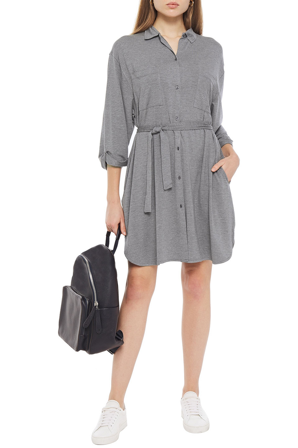 American Vintage Belted Mélange Stretch-modal Shirt Dress In Grey