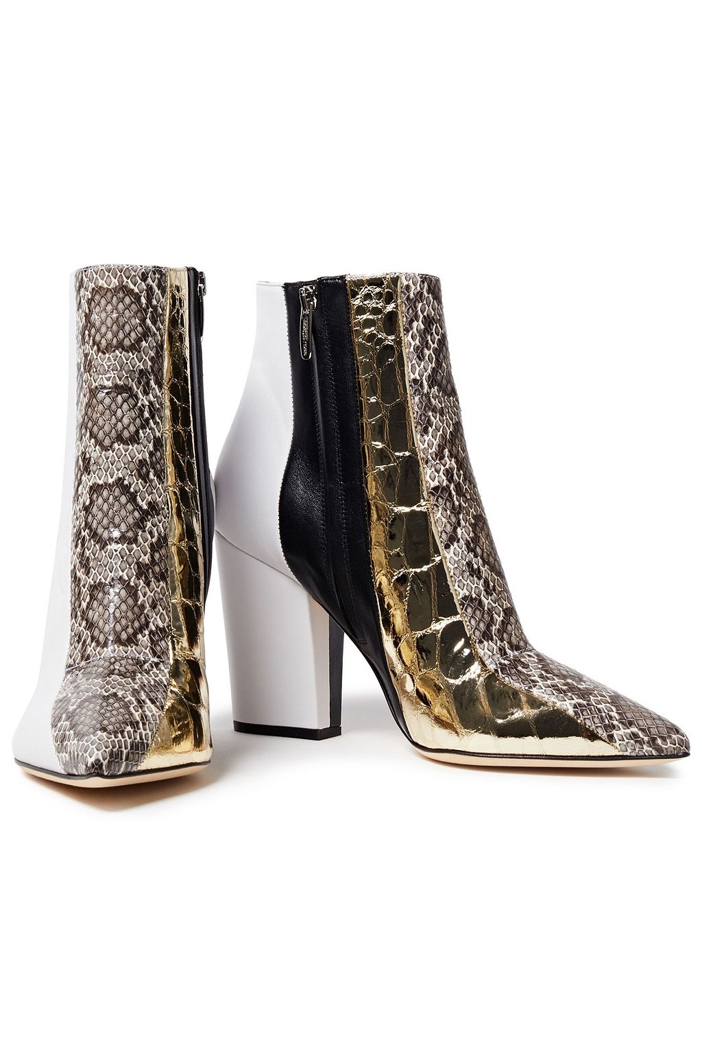 SERGIO ROSSI Elaphe-trimmed metallic croc-effect and smooth leather ankle boots