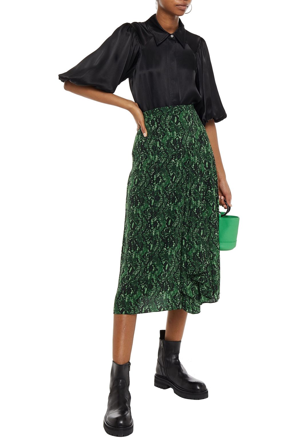 GANNI Gathered floral-print satin shirt