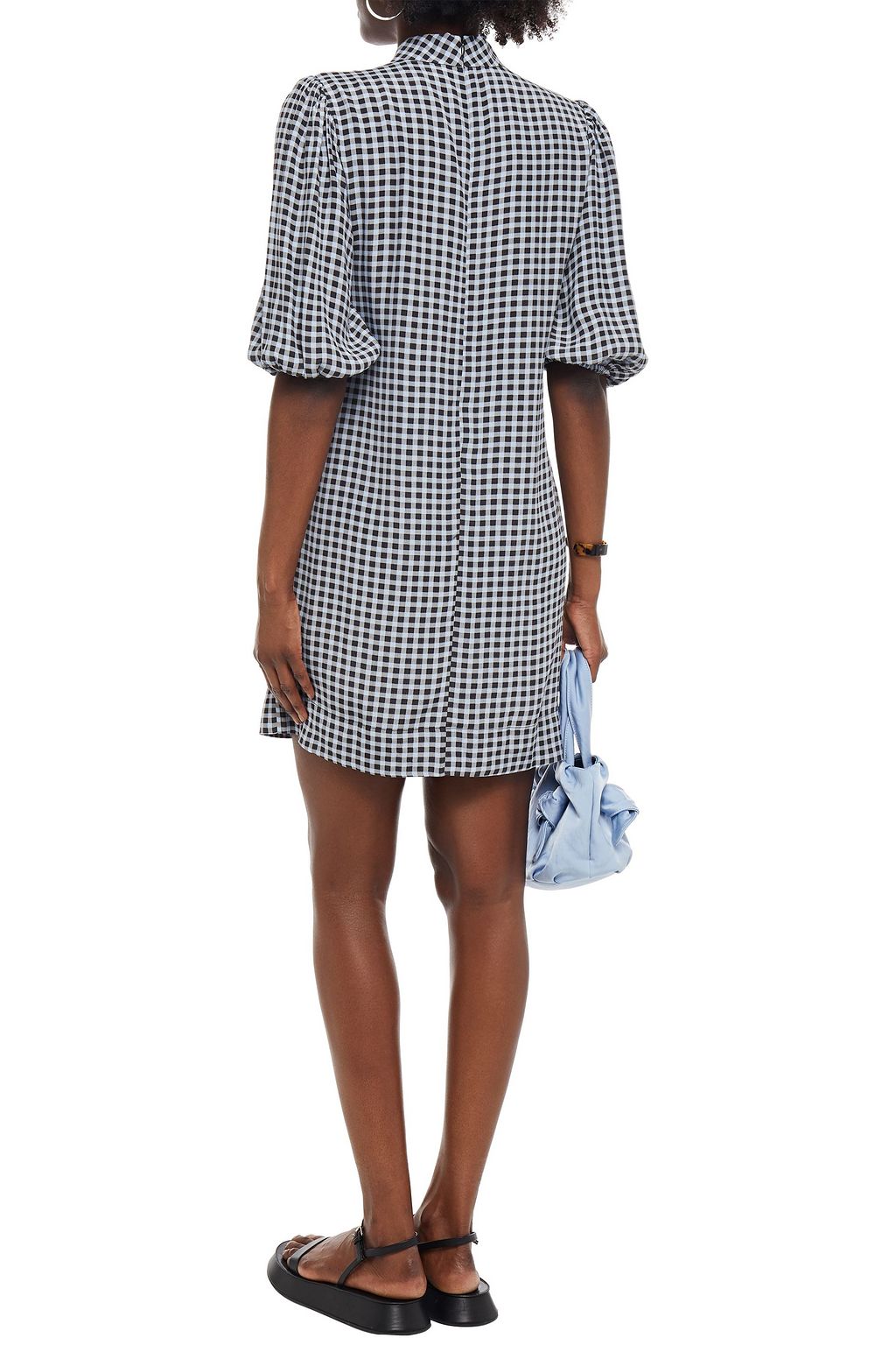 GANNI Gathered gingham crepe mini dress