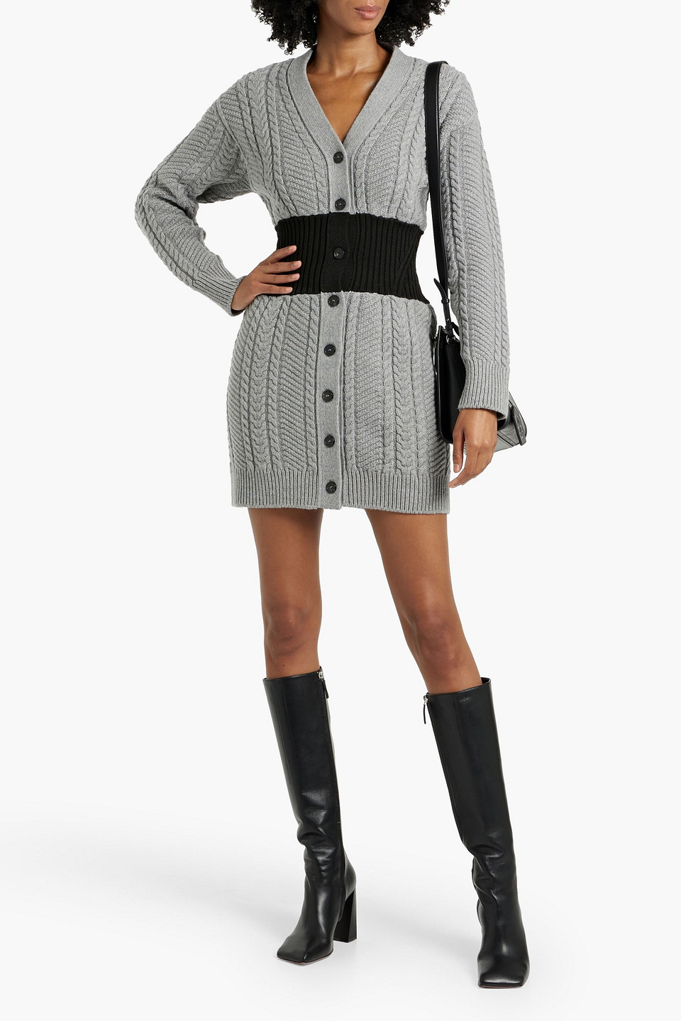 Alexander Mcqueen Two-tone Cable-knit Wool And Cashmere-blend Mini Dress In Gray