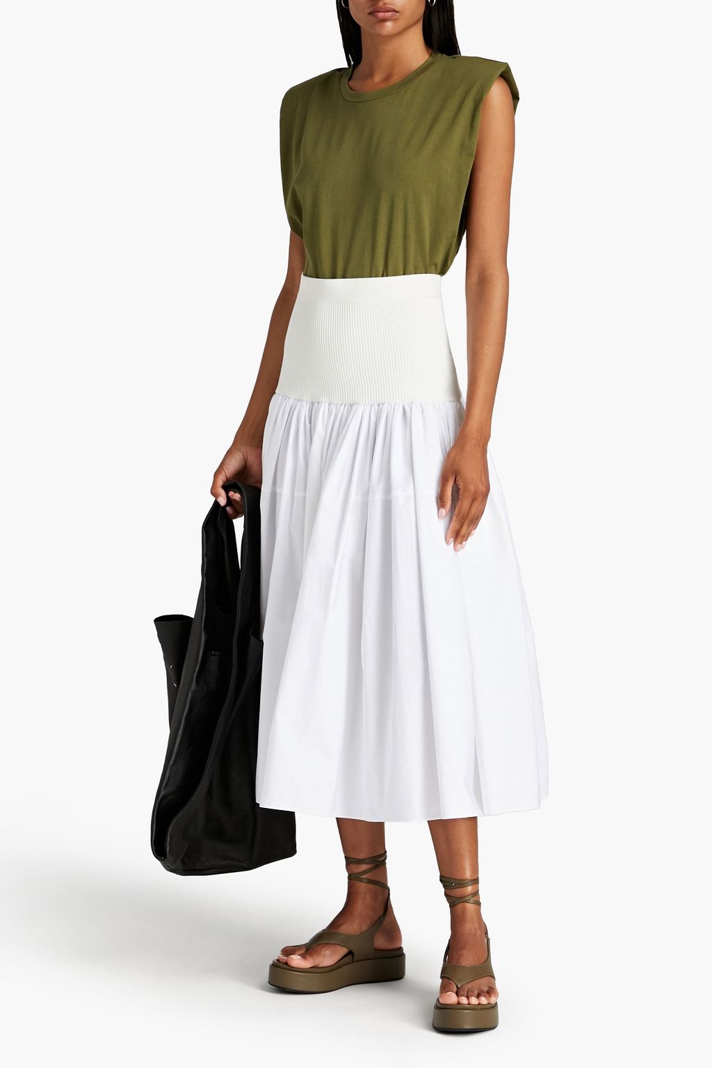 MCQUEEN Knit-paneled cotton-poplin midi skirt