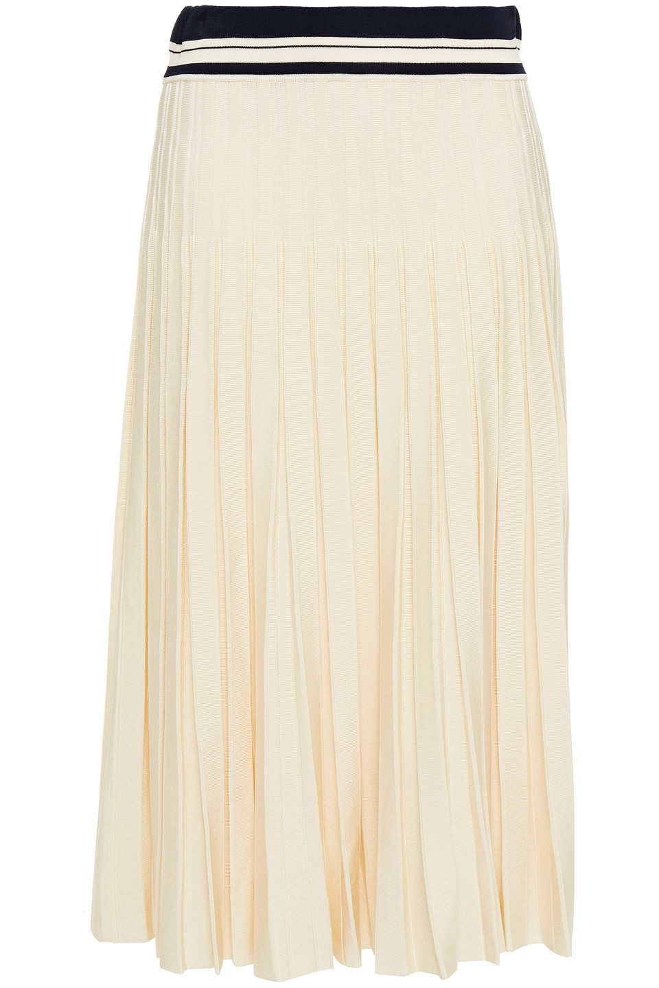Tory Burch - Striped pleated ribbed-knit midi skirt - White - XL