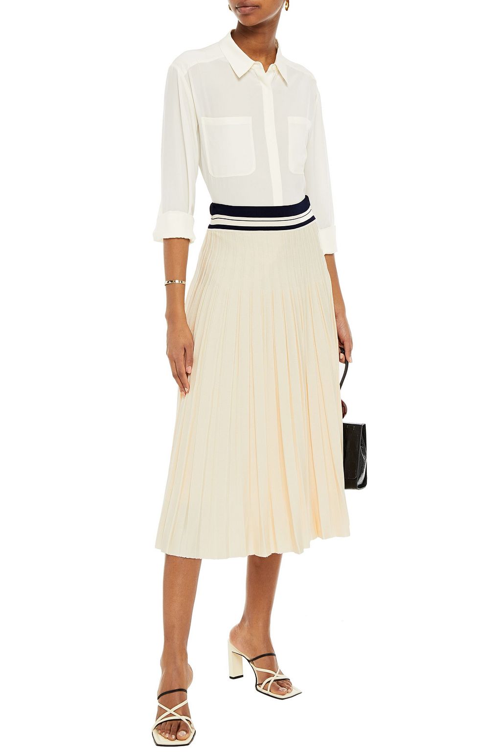 TORY BURCH تنورة متوسطة الطول من نسيج محبوك مضلع مخططة ومزينة بثنيات