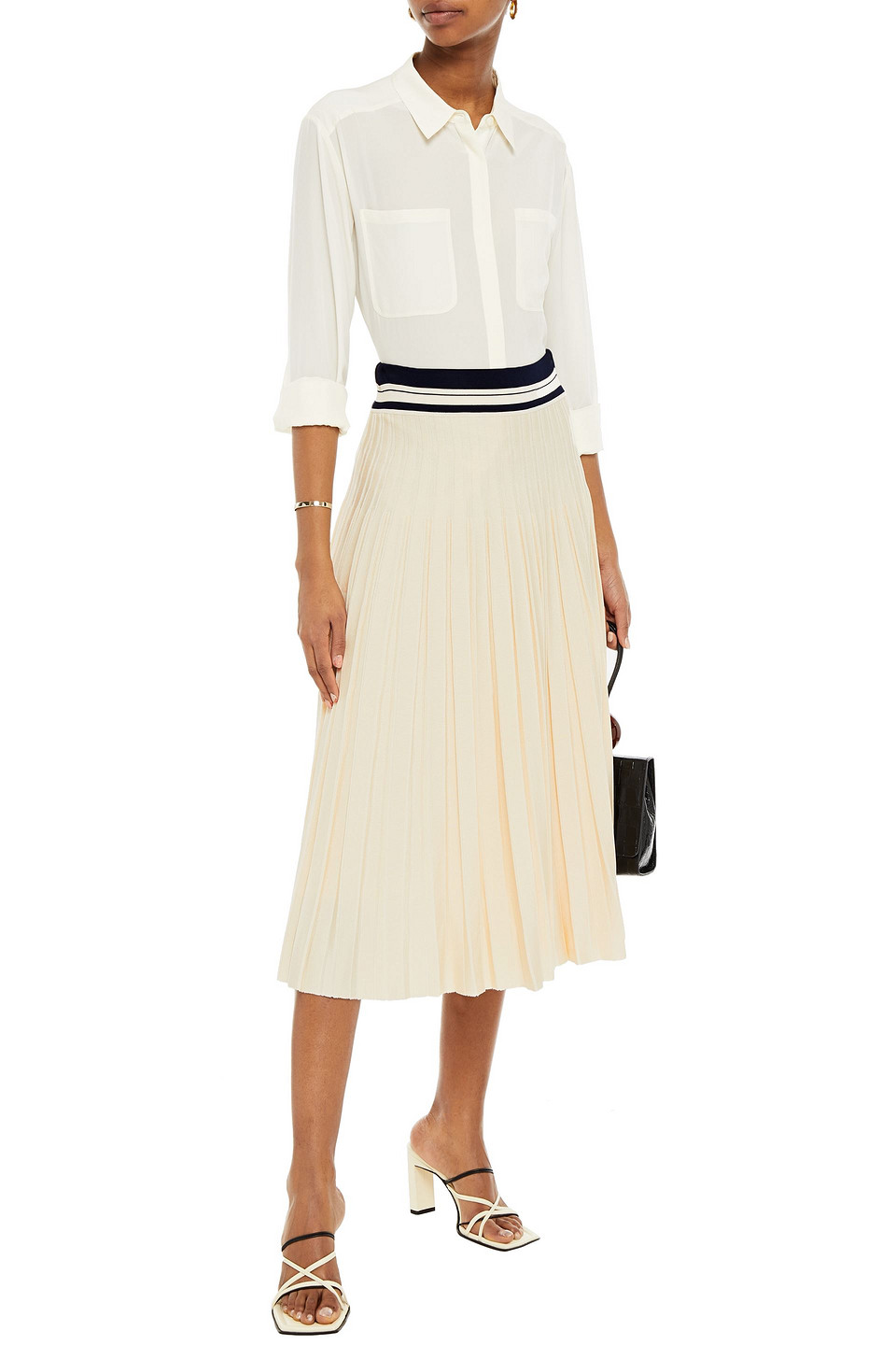 Tory Burch Striped Pleated Ribbed-knit Midi Skirt In White