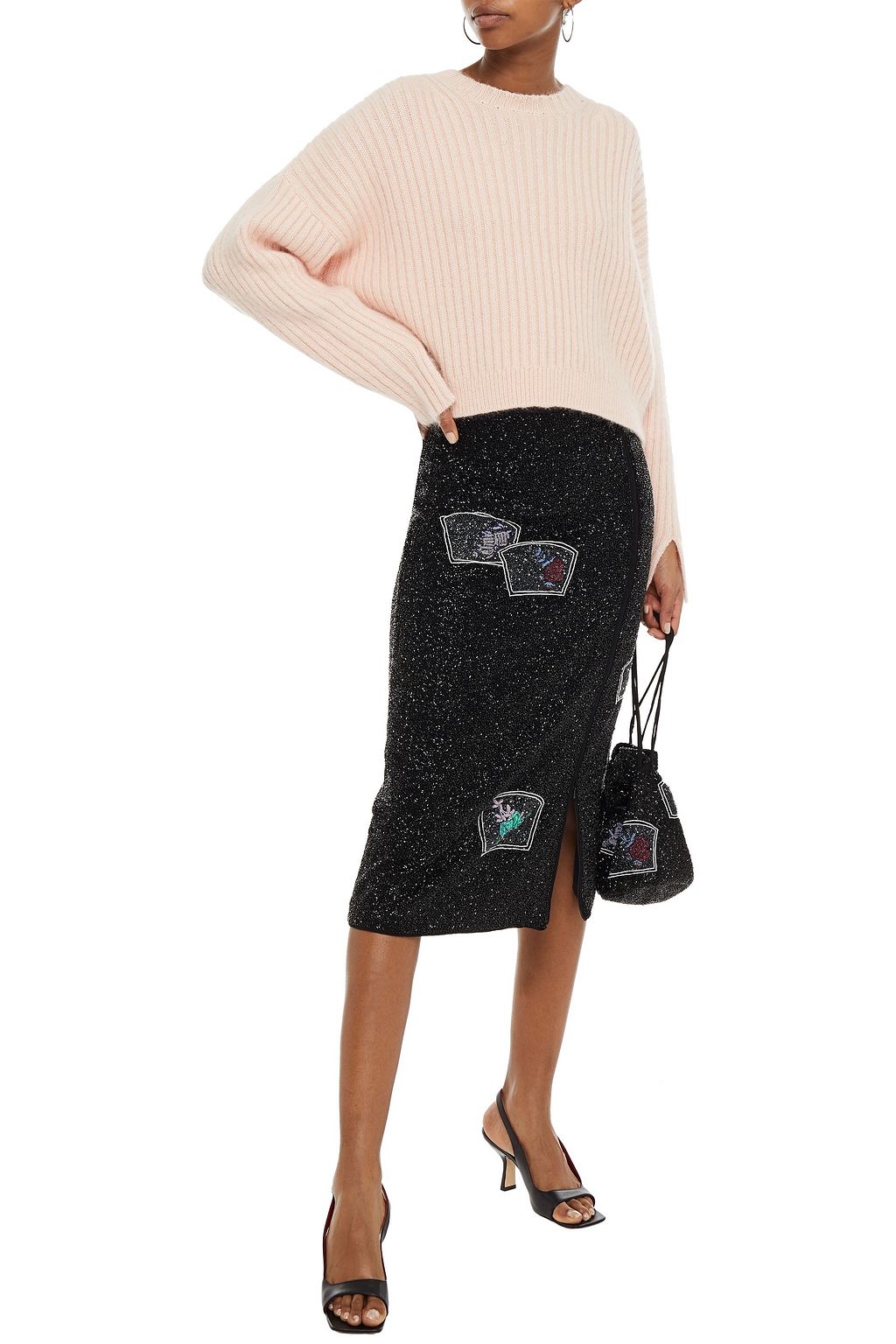 GANNI Zip-detailed beaded crepe skirt