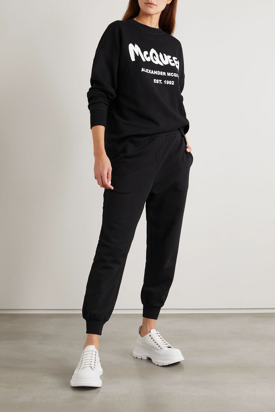 Alexander Mcqueen Printed Cotton-jersey Track Pants In Black