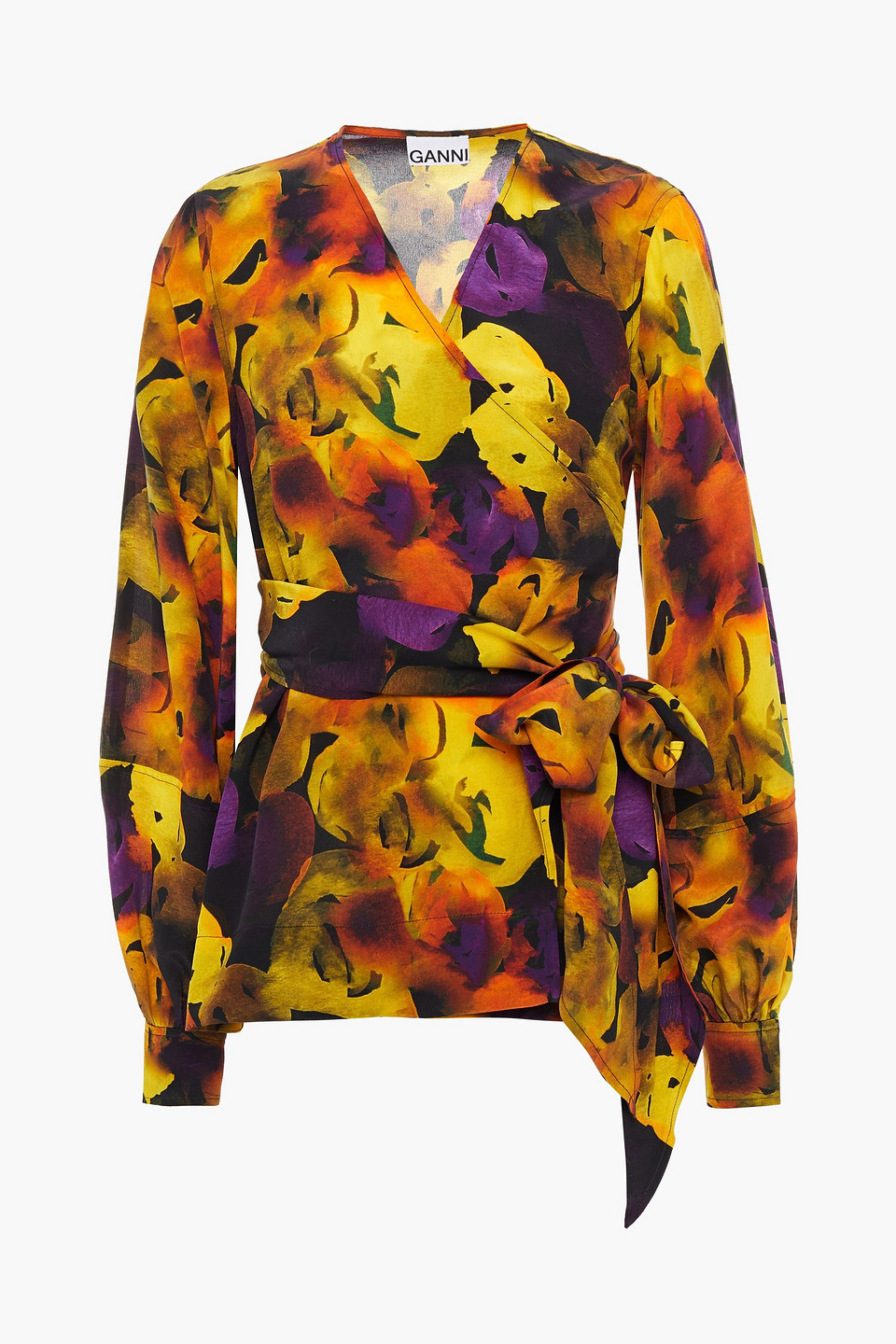 Ganni Woman Printed Crepe De Chine Wrap Top Marigold Size 32
