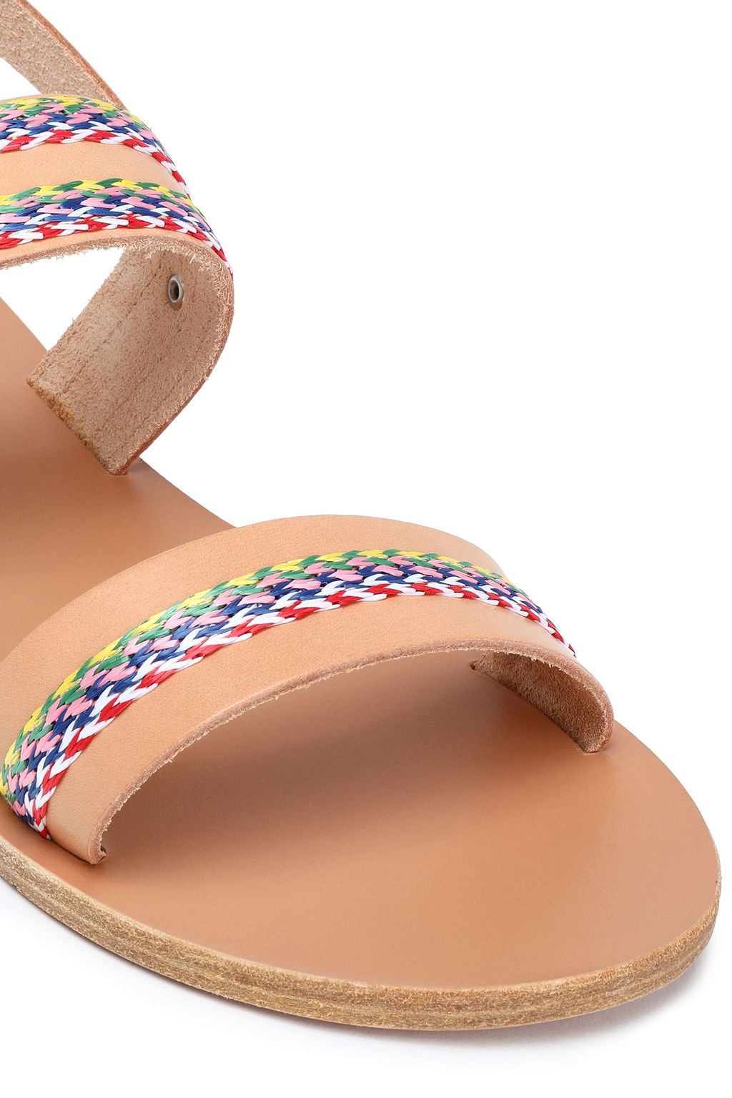 ANCIENT GREEK SANDALS Dinami raffia-trimmed frayed denim slingback sandals