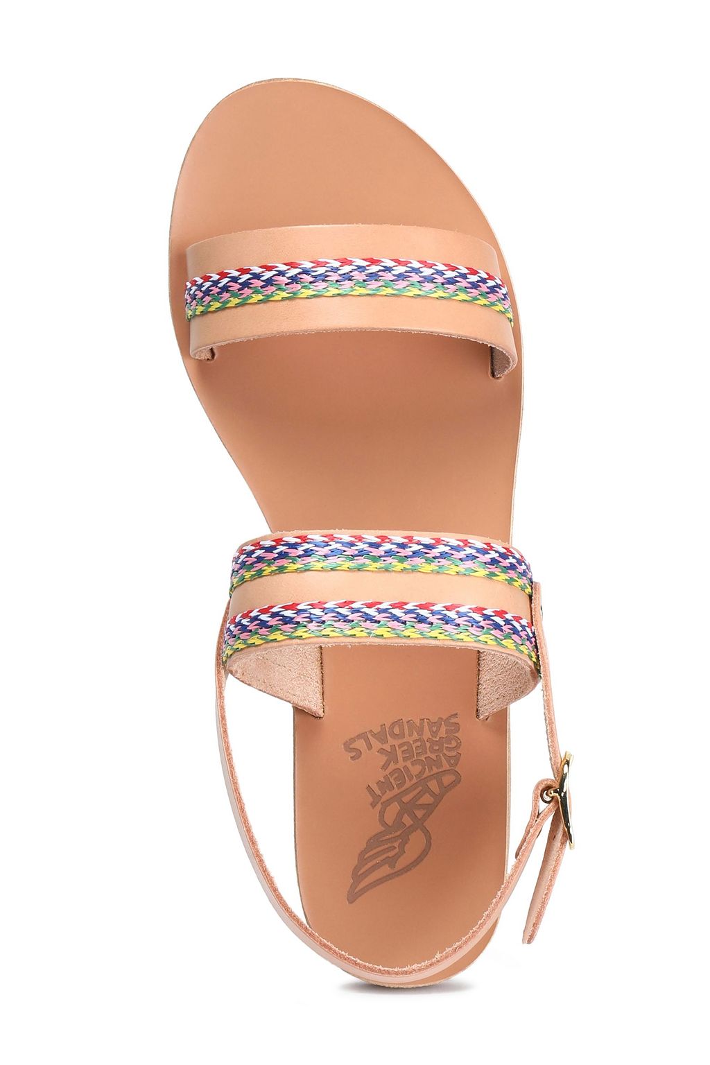 ANCIENT GREEK SANDALS Dinami raffia-trimmed frayed denim slingback sandals