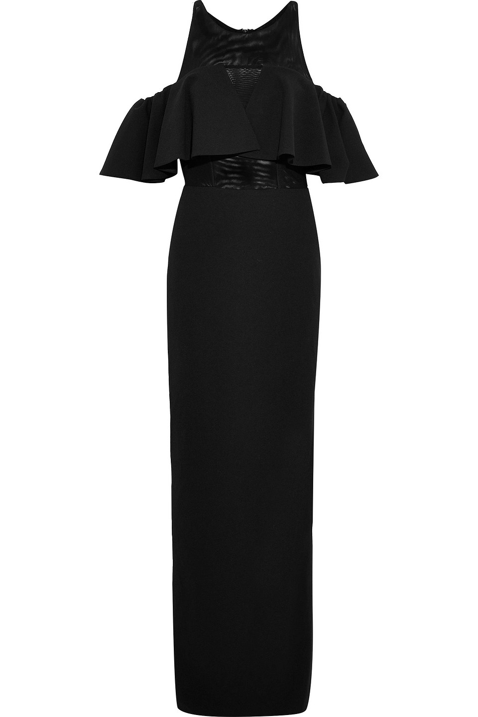 badgley mischka - cold-shoulder mesh-paneled ruffled crepe gown - black - us 12