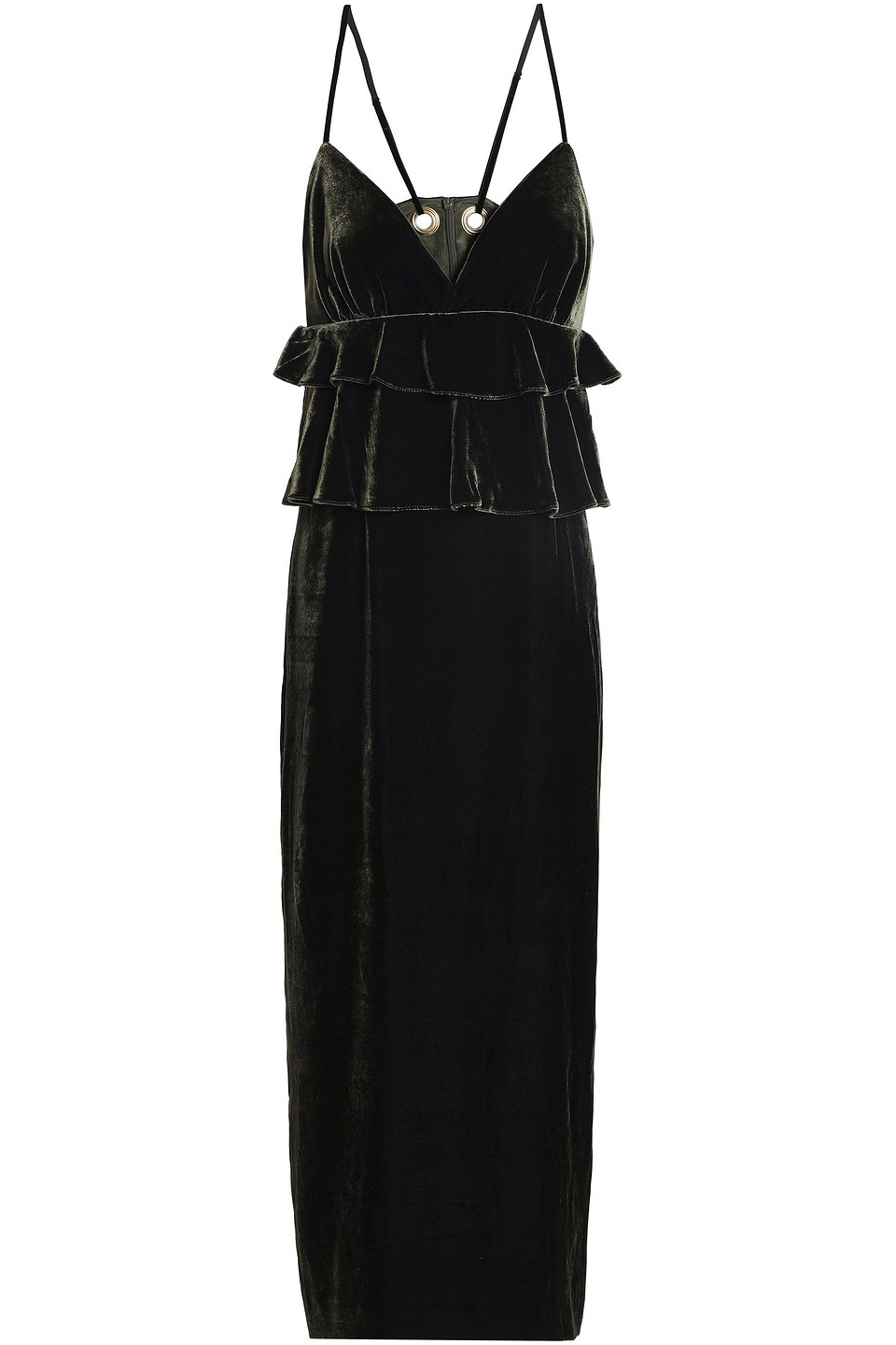 mother of pearl - janette ruffled velvet midi dress - green - uk/au 8