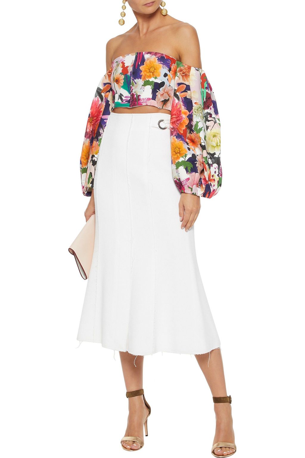 CUSHNIE ET OCHS Off-the-shoulders cropped floral-print cady top