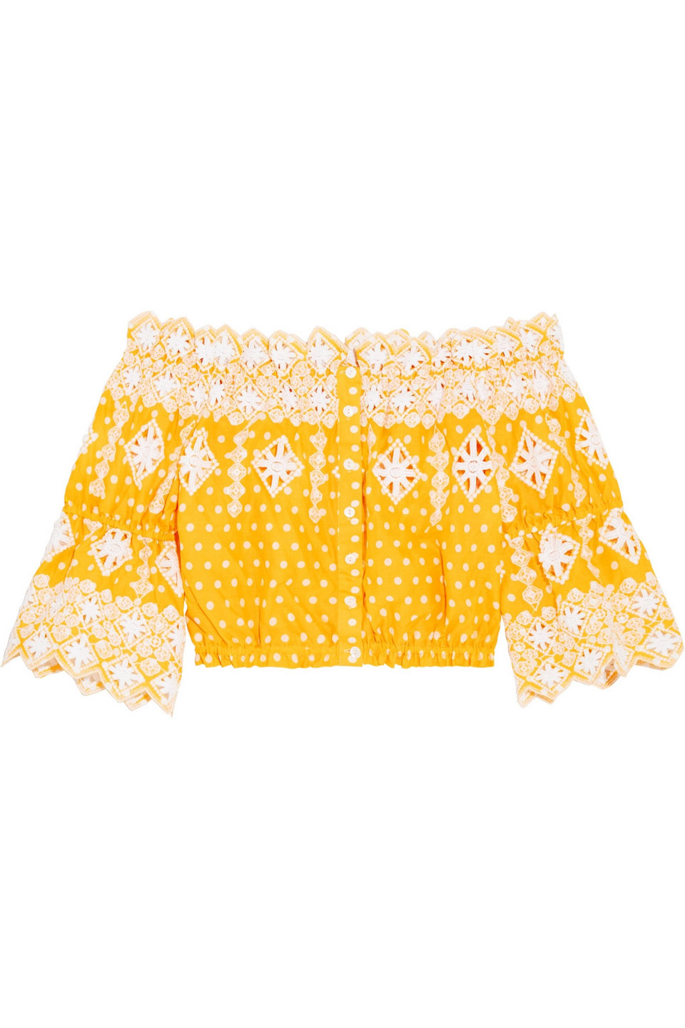 miguelina - off-the-shoulder broderie anglaise-trimmed polka-dot cotton top - yellow - l