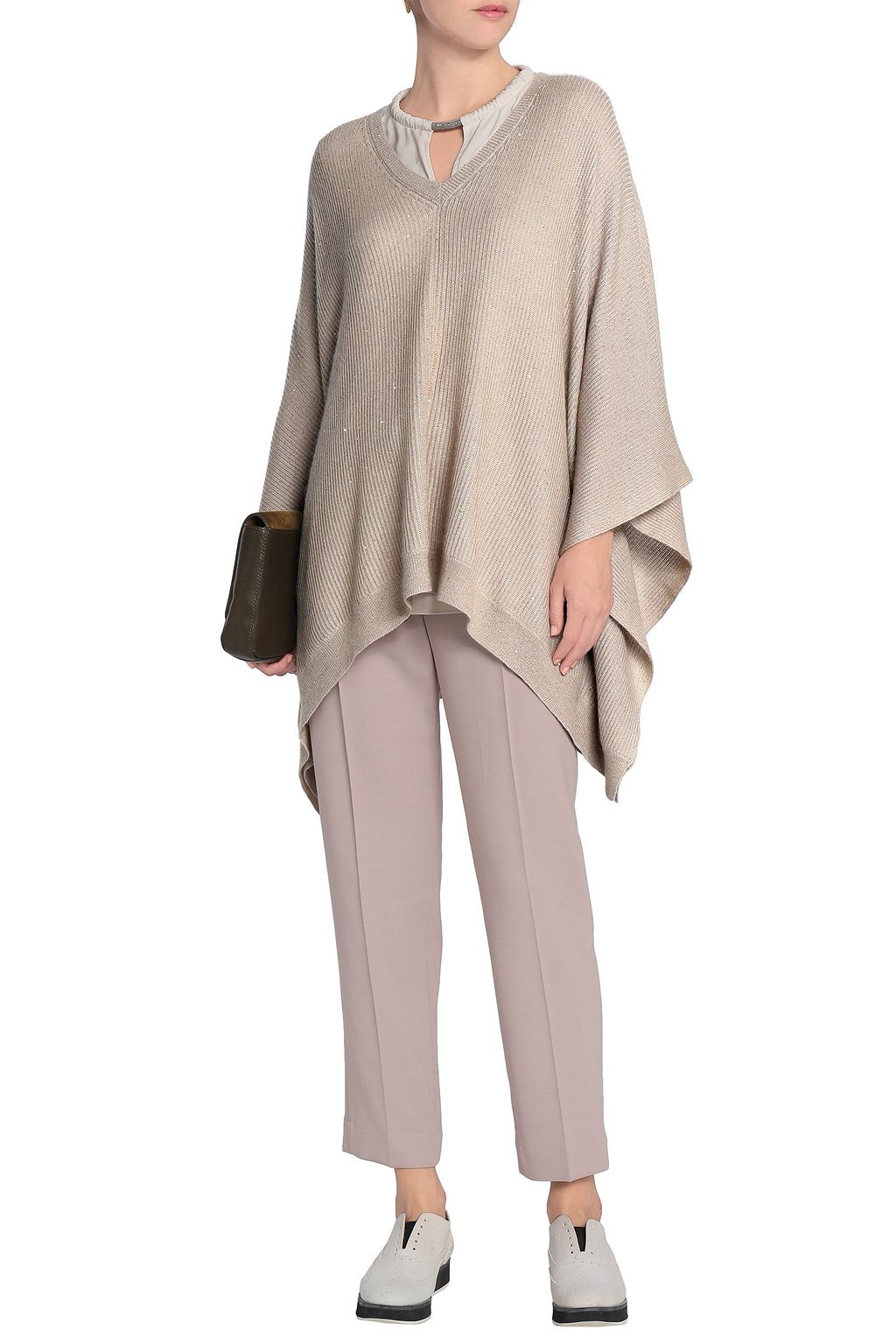 BRUNELLO CUCINELLI Sequin-embellished ribbed-knit poncho